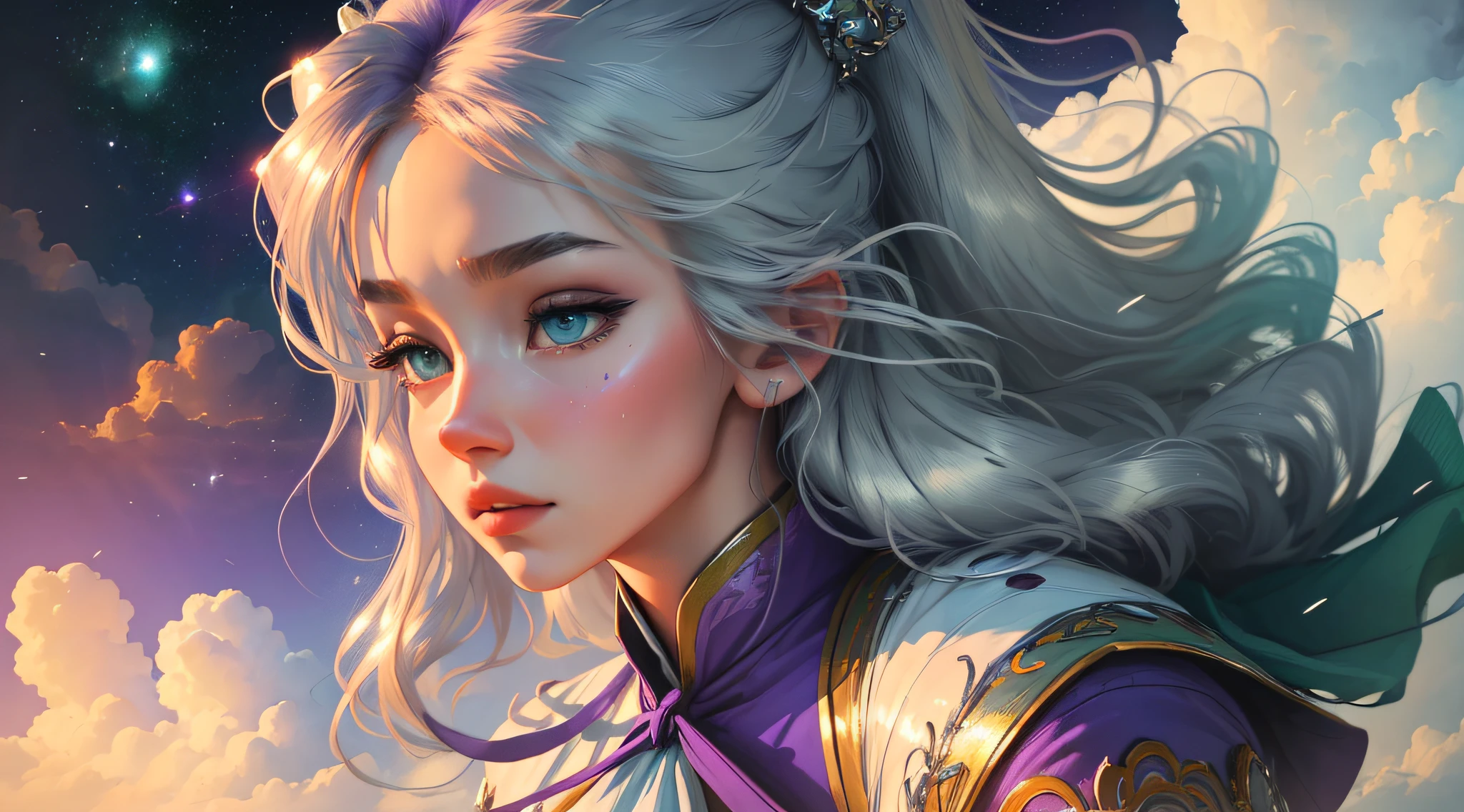 (((masterpiece))), best quality, ultra detailed, 8k CG image with high resolution, a girl floating in space, beautiful and delicate, dynamic angle, dynamic pose, blue eyes, multicolored hair (silver:1.3+red:1.2+purple+yellow:1.3+green:1.3), white wuxia clothes, neck tie, beautiful face, many drops of water, clouds, twilight, general plan,  watercolor style. --auto --s2