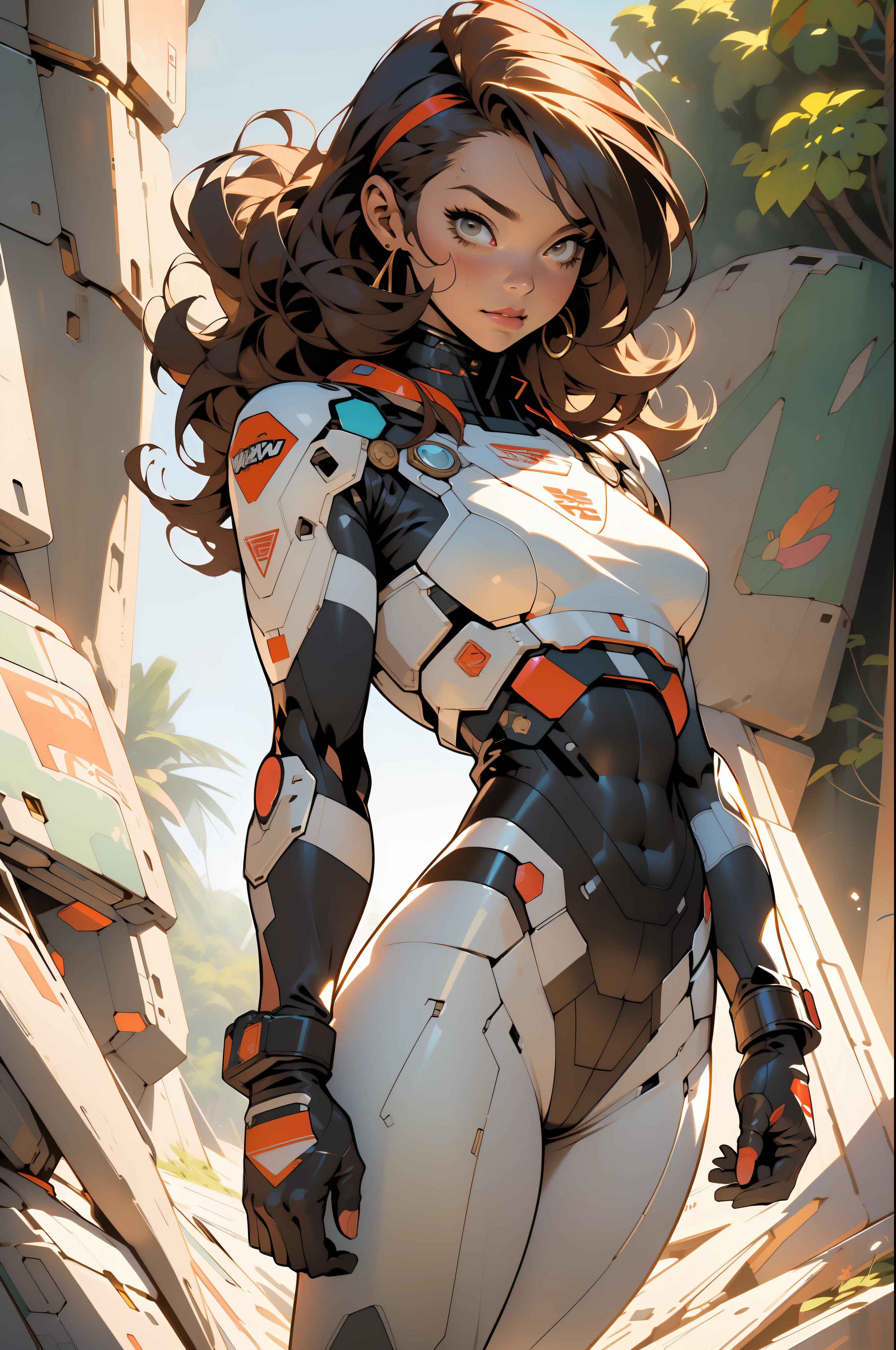 ((Best quality)), ((masterpiece)), (detailed: 1.4), (Absurd), (((full body)), (((woman))), 35-year-old woman, Beautiful muscular woman, giant robot pilot, wild with perfect body, wearing little clothing, tiny thong, clothing with Japanese graphic patterns, halftone pattern and vertical stripes, earth tone, coming out of the body of a giant robot