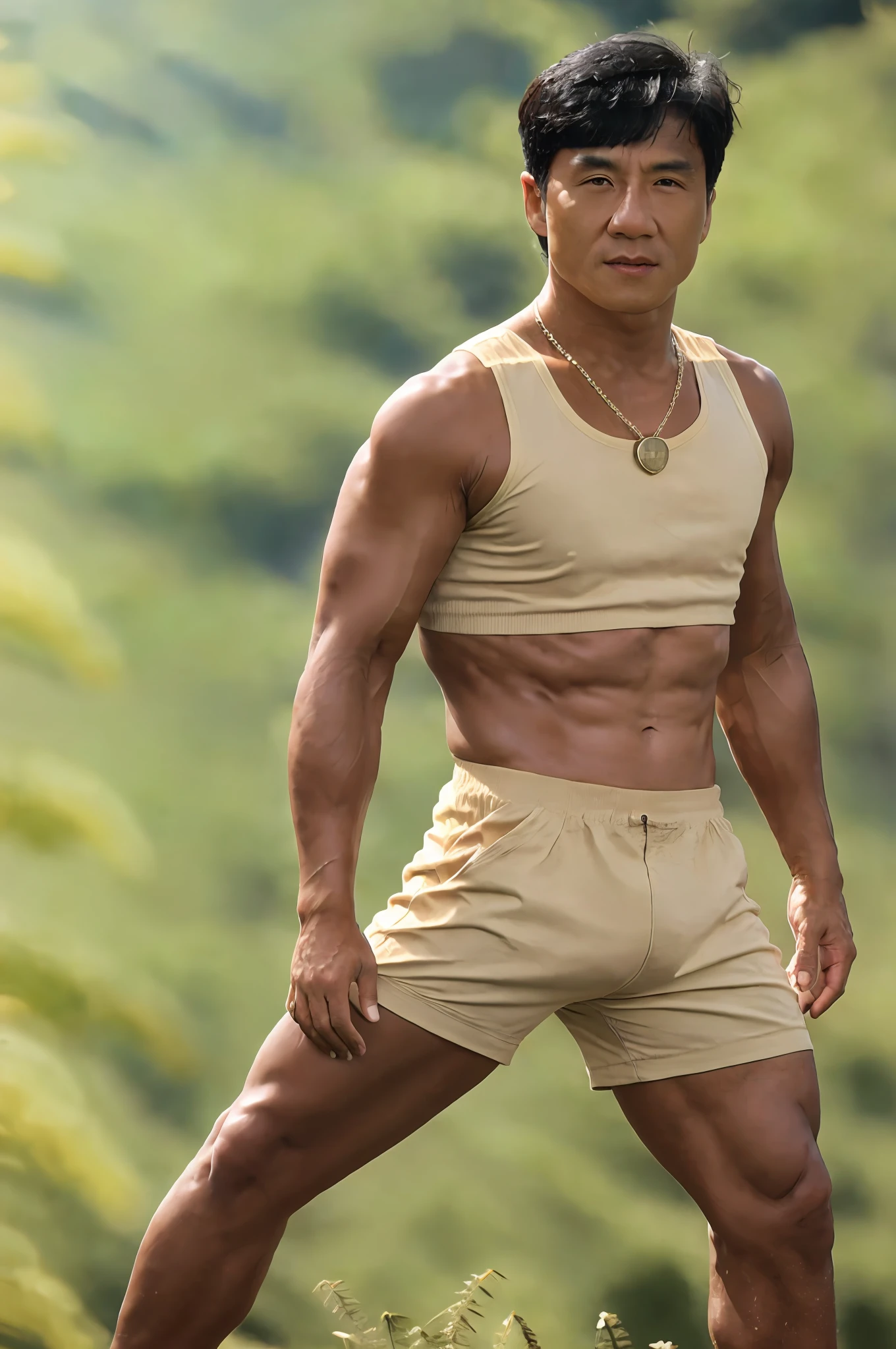 portrait, jchan, 1man, defined body, military necklace, full body shot, military uniform, elegant, sunny, earth, dirt on body, tanned skin, body hair, sweat, highly detailed skin, masterpiece, best quality, 8k, HD, high resolution, DSLR, high quality, Fujifilm XT3, film grain, award-winning