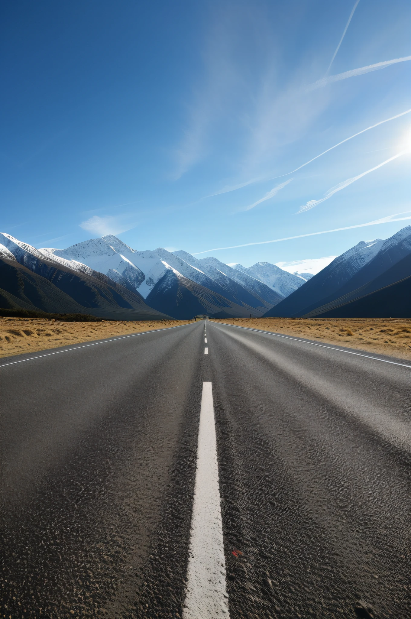 There is a long road with a white line next to it, empty road in the middle, open road, long road, New Zealand landscape, road, empty road, vanishing point perspective, New Zealand, road between hills, wide road, accurate road, epic mountains in the background, unobstructed road, long highway, mountains in the background, best picture quality, 8k, HD,