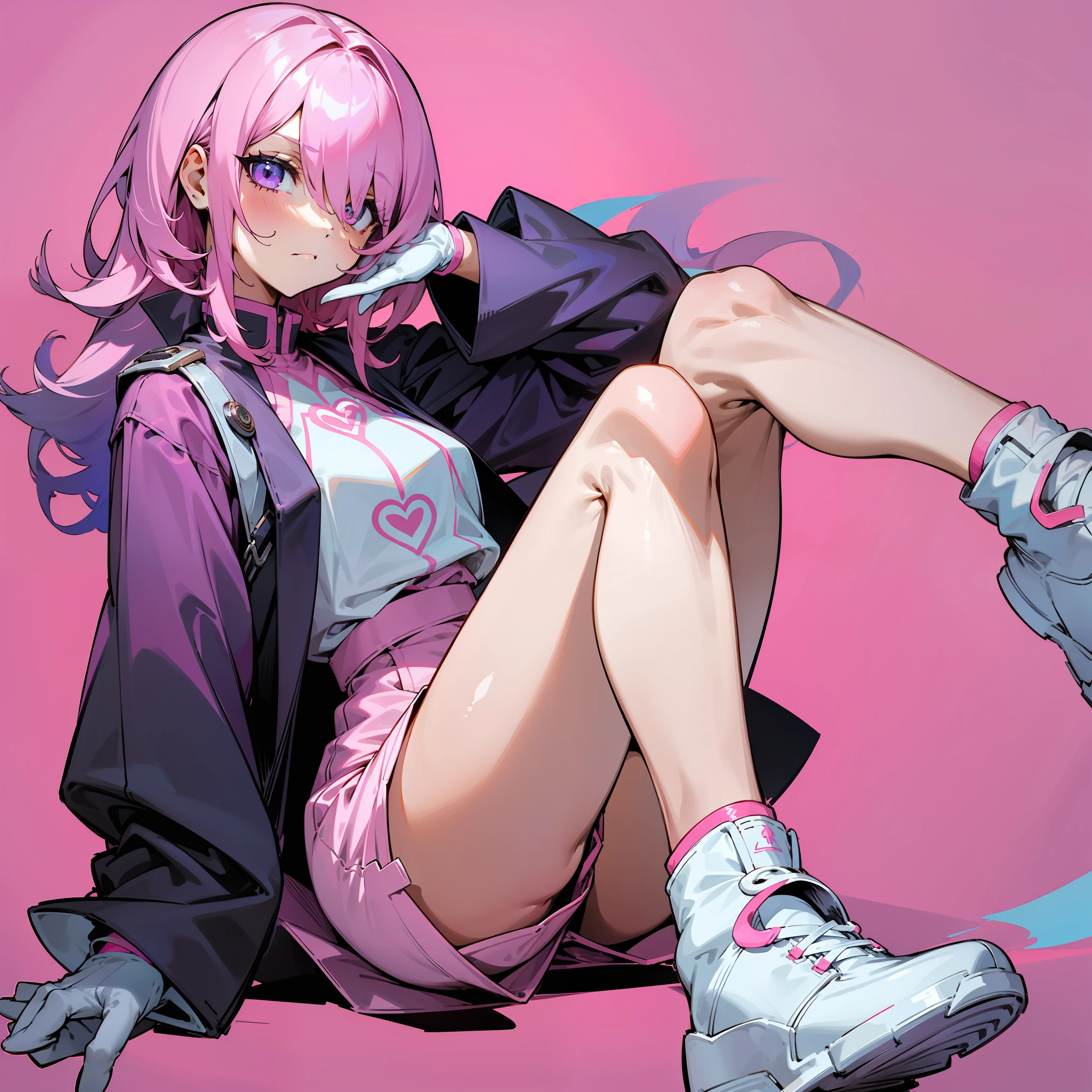 Pink hair, hair covering one eye, indifferent expression, wide clothes, white long sleeves, pink shorts, black gloves, white shoes, no socks, detailed legs, detailed hands