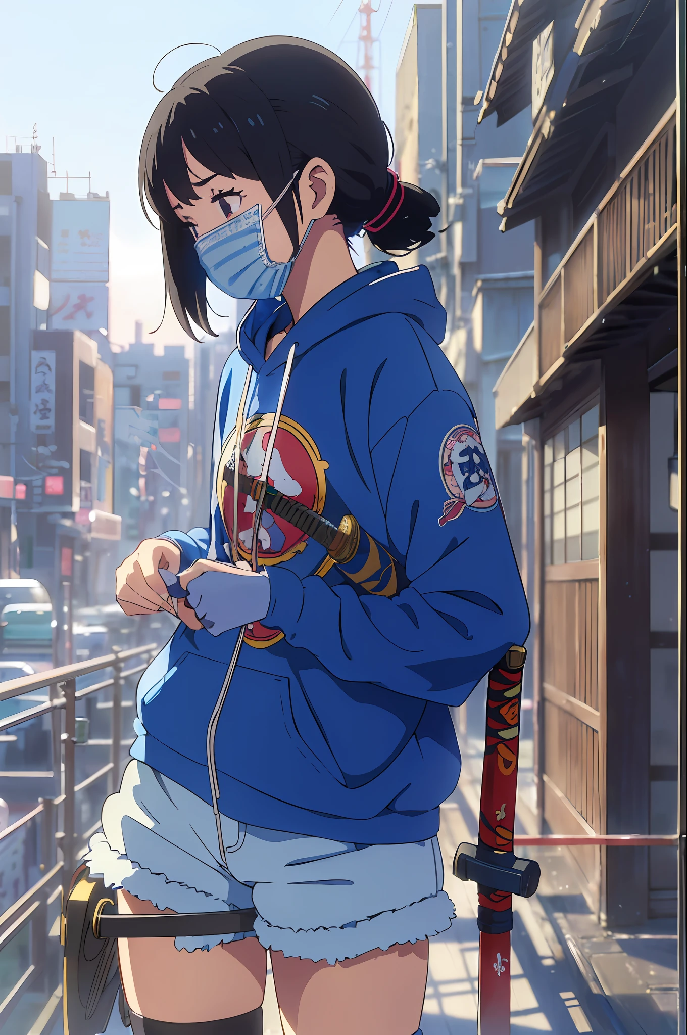(Minute details, masterpiece, delicate work), ((anime style)), fluid stroke, girl, (blue sweatshirt), (wearing mask), (wearing shorts),((carrying katana)), teenage body, proportional, symmetrical body, top quality,soft focus,(((Just 1girl))), Tokyo city background,aesthetic lofi --auto --s2