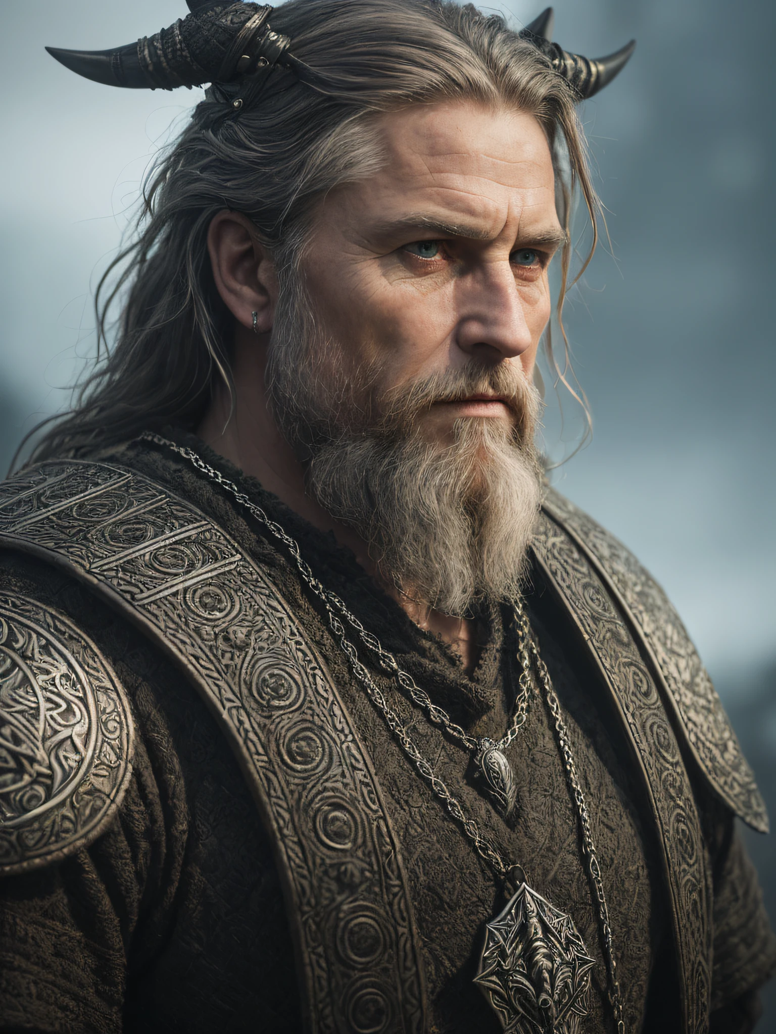 (Highest quality:1.3), cinematic shot, masterpiece, (sharp focus:1.5), (photorealistic:1.3),  medium portrait of (a weary-looking but still proud and fierce-looking old Viking warrior, now the leader of his village, dressed in elaborately detailed chain mail and leather armour, a few torches burn on the walls, giving the scene a dark atmosphere but sculpting the forms in sharp chiaroscuro), it is night time, (highly detailed skin),  (detailed face), detailed background, dark lighting, twilight lighting, volumetric lighting,  intricate details, UHD,