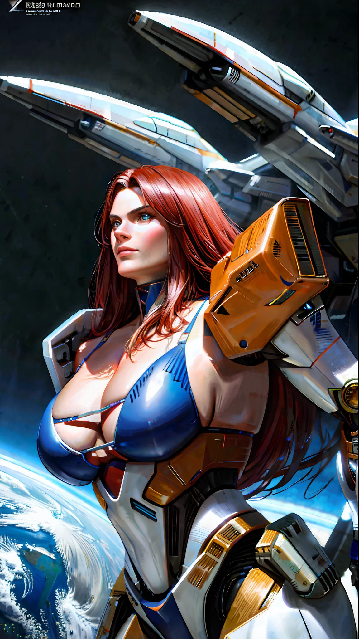 ((Masterpiece)),realistic extra detail photography , (Solo exhibition: 1.4), (((A beautiful woman wearing a bikini mech suit with a sexy body)))) Long hair, cute face, stylish and threatening design, bust, highly detailed, high detail background, battle, planet, hover, a giant shield, shoulder armor, mechanical tailgate, science fiction, fighter jet flying over the earth in space with the moon in the background, concept art, Spatial Art,