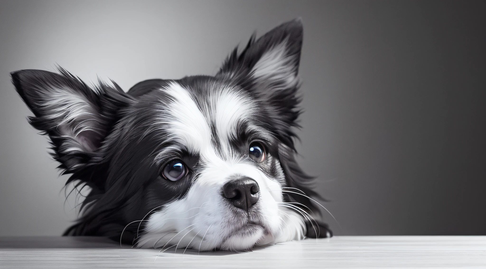 Black and white dog, leaking head on table, HD, (expression is very happy), multi-detailed, light background --auto --s2