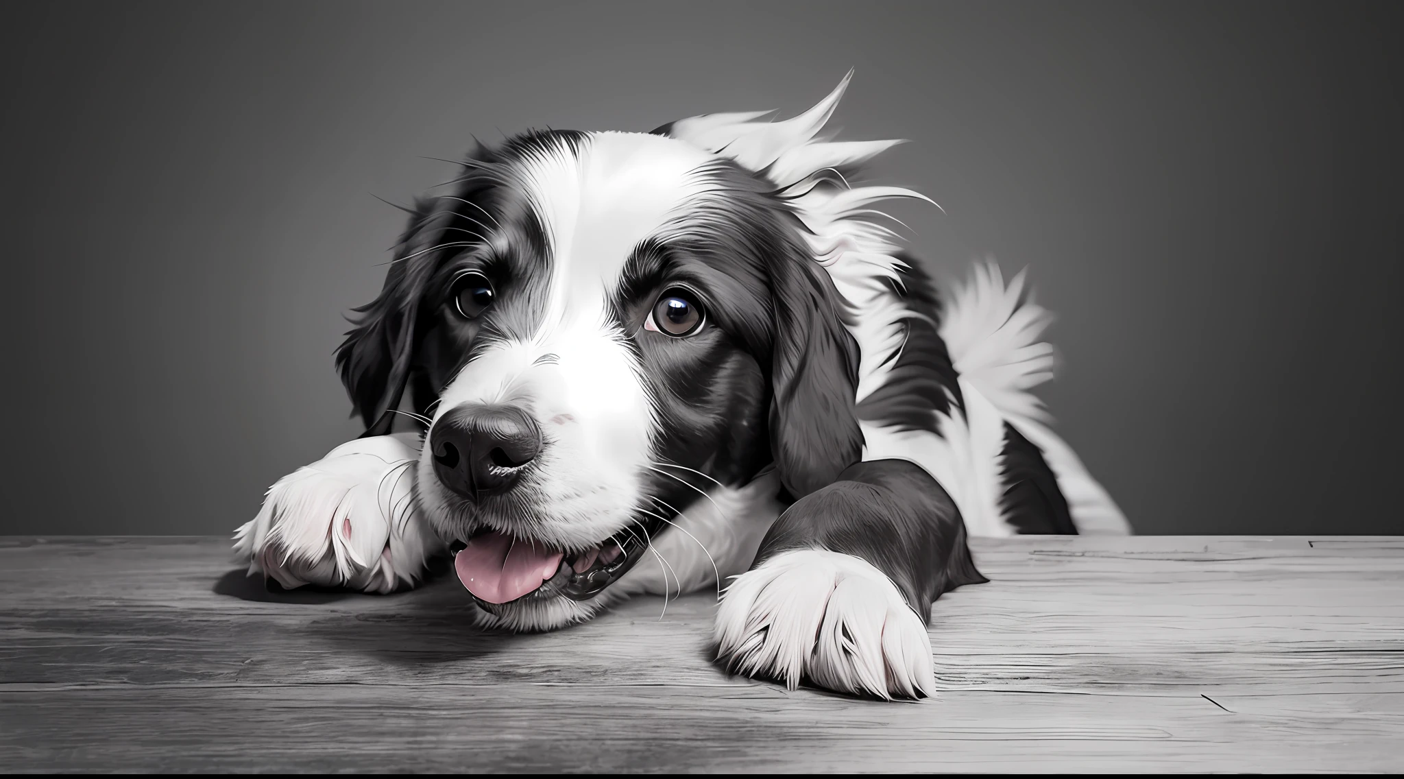 Black and white dog, leaking head on table, HD, (expression is very happy), multi-detailed, light background --auto --s2