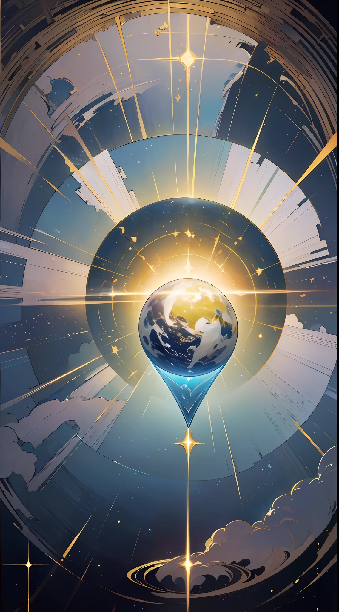 (masterpiece:1.2, best quality, ultra-detailed),(illuminated by divine light, depicts heaven and earth, glorious and magnificent, emits true energy to heal all illnesses and true human nature to transform all things),floating, celestial beings, divine lights, blue and gold, ethereal atmosphere, Volumetric light.