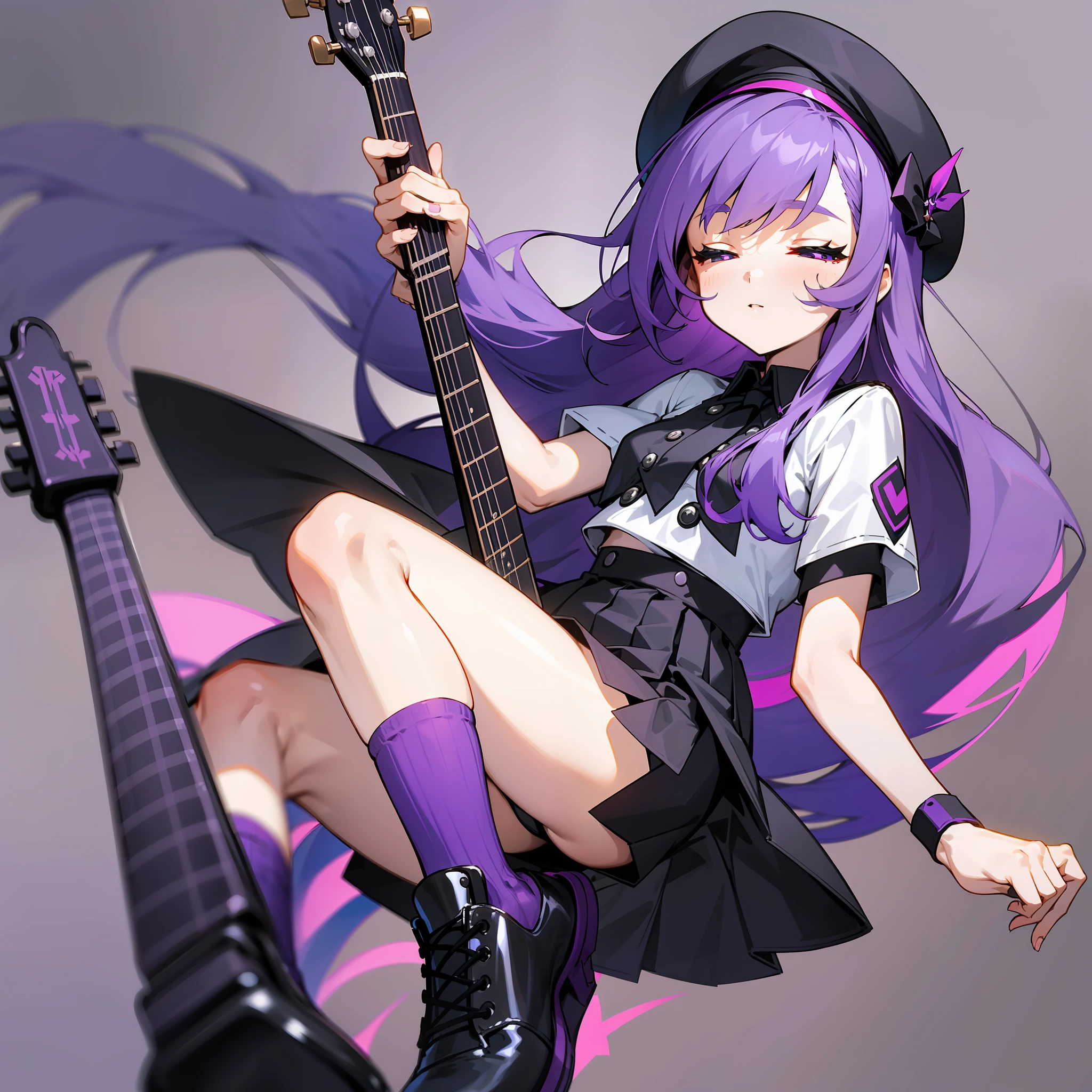 1 girl, black berets, long lilac hair, purple and white eyes, closed eyes, flat chest, white short sleeves, black short skirt, over-the-knee socks, dark canvas shoes, purple and black guitar, black wristband, detailed hands, detailed legs