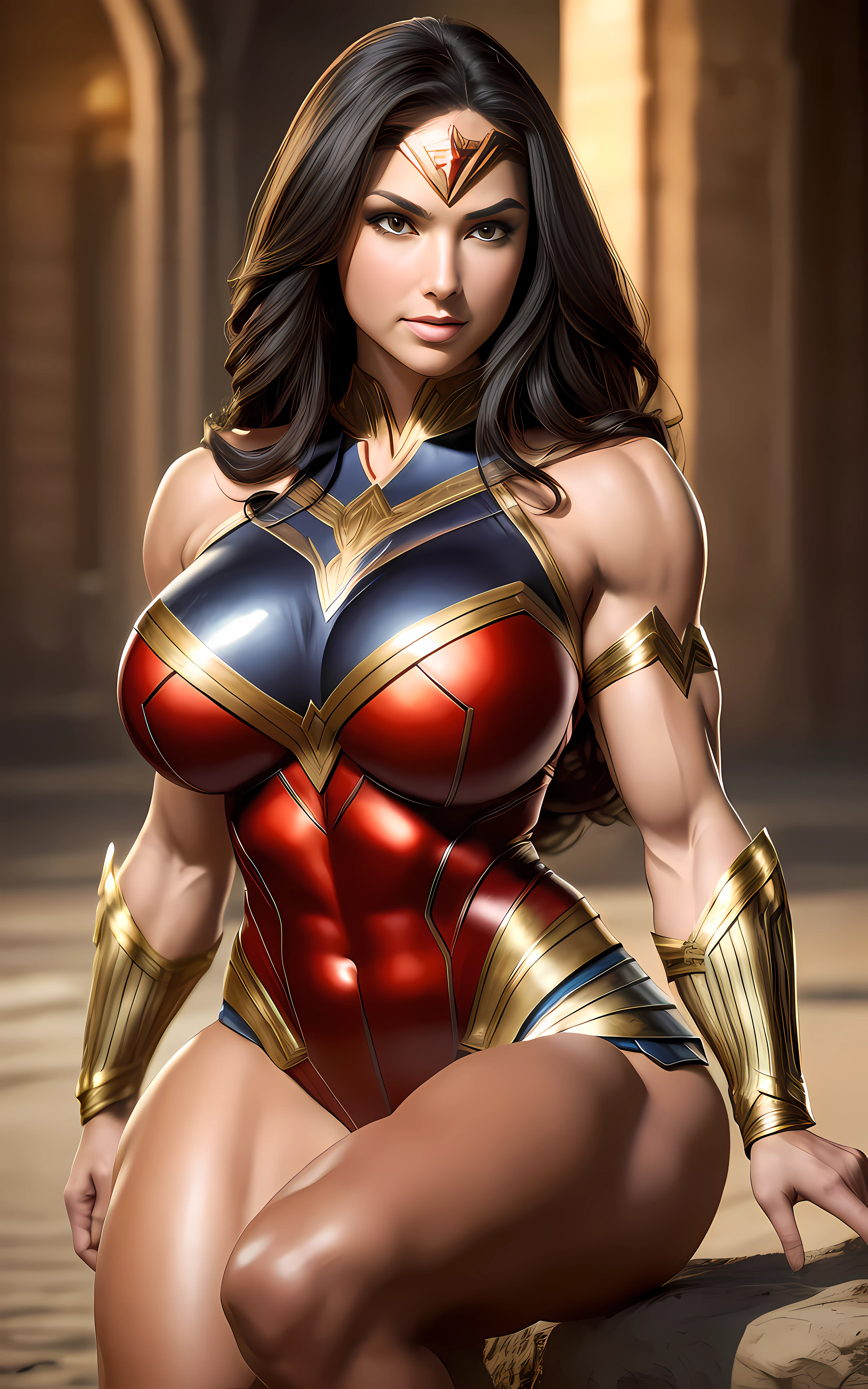 (Sexy Wonder Woman outfit: 1.85), (Black suit: 1.1), ((highest quality)), ((Masterpiece)), (detail), background with ultra muscular women, (high resolution: 1.3) 1girl's photo, (Black outfit: 1.6), barefoot, massive bodybuilder woman and veins dressed as Wonder Woman, ((intricate details, makeup), (beautiful face, perfectly proportioned face), high detail skin, thick skin, enormous very bald muscle, better proportions, light purple eyes, strong look, realistic black hair, lips, makeup, natural skin texture, tiara, bullet-resistant cuffs, slightly sunburned skin tone, massive and marked muscles, sexy, elastic (muscles: 4), ((strong and healthy body)), ((more) muscles))), long legs, curves, very thick and very muscular thighs, wide and large muscular buttocks, thick legs, huge breasts, sitting on her knees, legs open, slim waist, soft waist, (detailed skin), (shiny skin), (beautiful and sexy woman), (swollen lips: 0.9), (eyelashes: 1.2), very strong muscle size and large veins), wide and muscular shoulders, smiling and self-confident, very detailed, full head, full body, whole legs, curvy legs, full arm (highly detailed CG integration, 8K wallpaper), high detail, realistic, sharp focus, cinematic, in a medieval Viking style training center, , --auto --s2