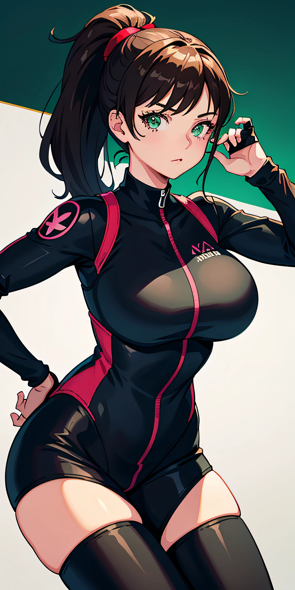 (masterpiece:1.2, best quality), (finely detailed beautiful eyes: 1.2), a girl with a brown ponytail, green eyes, big breasts, only 1 girl, age 20, black red dva jumpsuit
