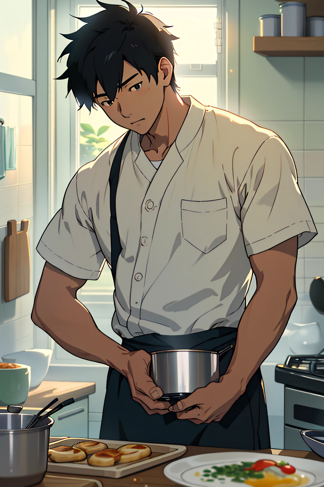 Picture We Tip): An Asian young man prepares breakfast in the kitchen. (5 descriptive keywords): tranquility, cooking, morning routine, skill, nourishment. (Illustration style): Makoto Shinkai. (Camera lens type): Close-up. (Time of day): Morning. (illustration style): Delicate realism.