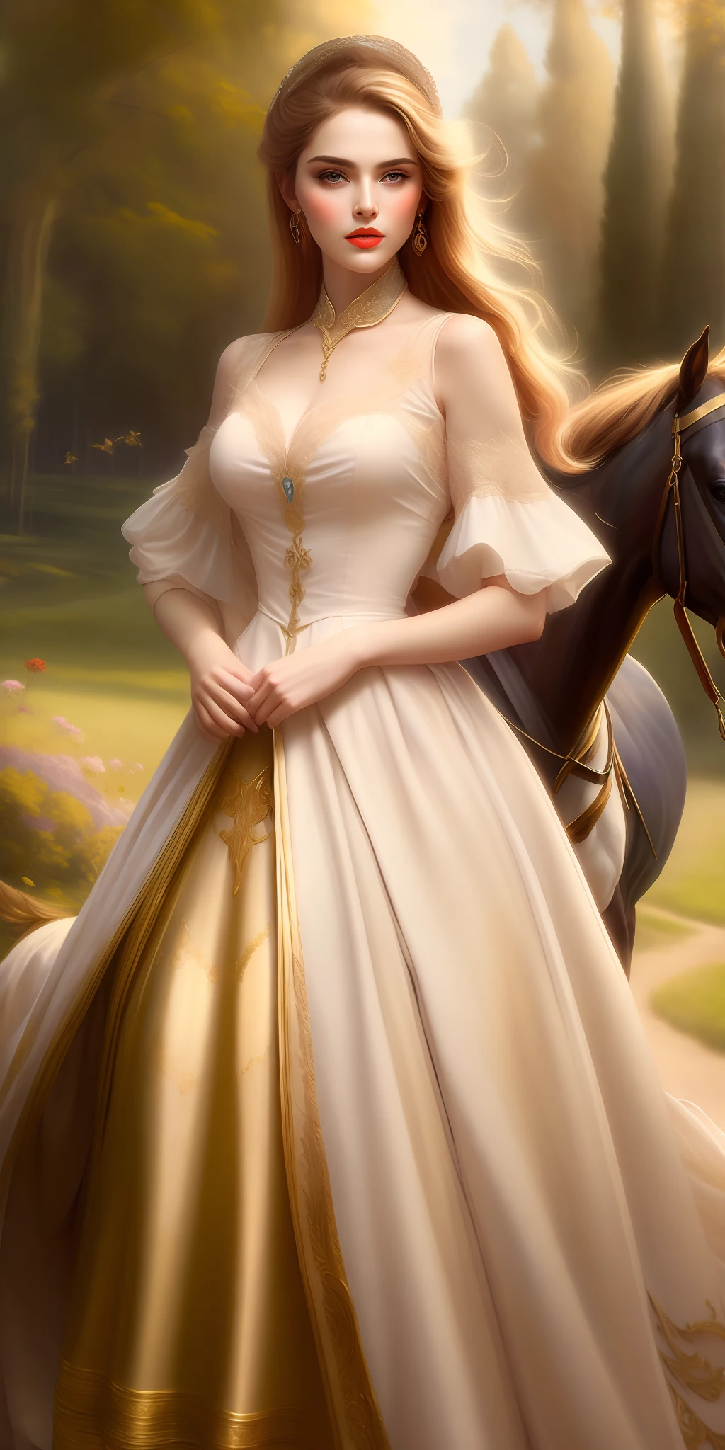 Highest Image quality, high resolution 8k,painting of a beautiful woman, beautiful woman,riding a horse in a dress,very well detailed painting,wlop painting style, beautiful character painting, beautiful painting, very well detailed painting,graphic artist magali villeneuve, by Yang J, wlop art, art by edouard bisson, beautiful fantasy painting, Art by Wlop and Greg Rutxowski, Stylish Digital Painting, Oil Painting Style, Beautiful Digital Painting, Beautifully Detailed