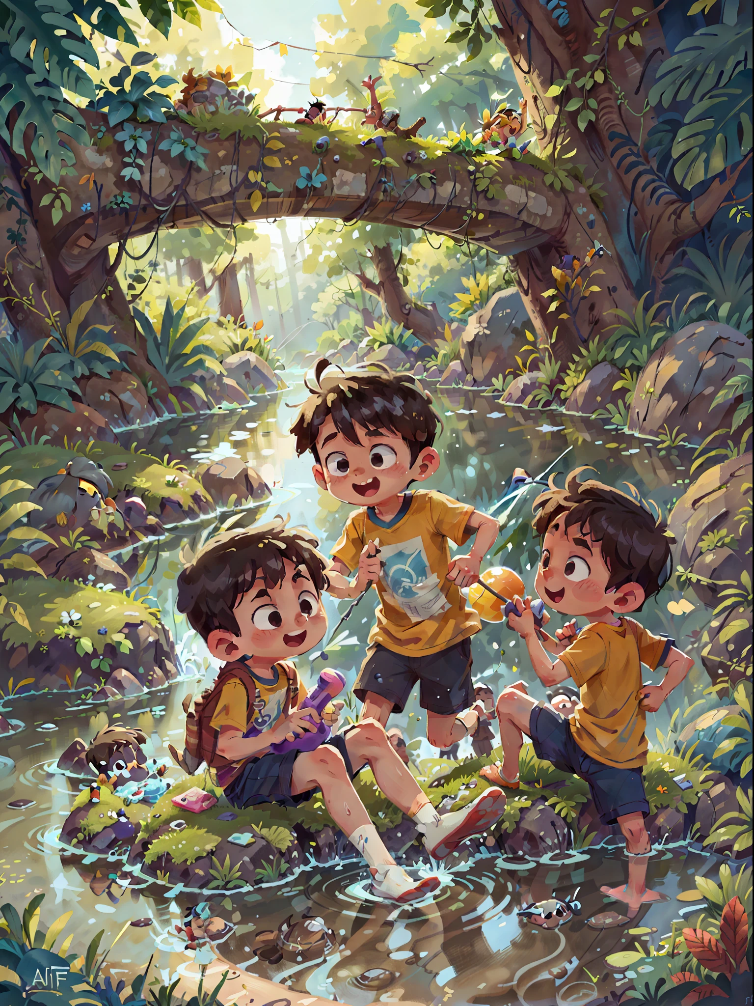 Poster design, (SFW), four boys playing in the river, playing water fight, fine facial features, summer, happy, background is interspersed in river, plants, perfect quality, clear focus, colorful, perfect face, intricate details, ultra-low viewing angle, wide angle lens