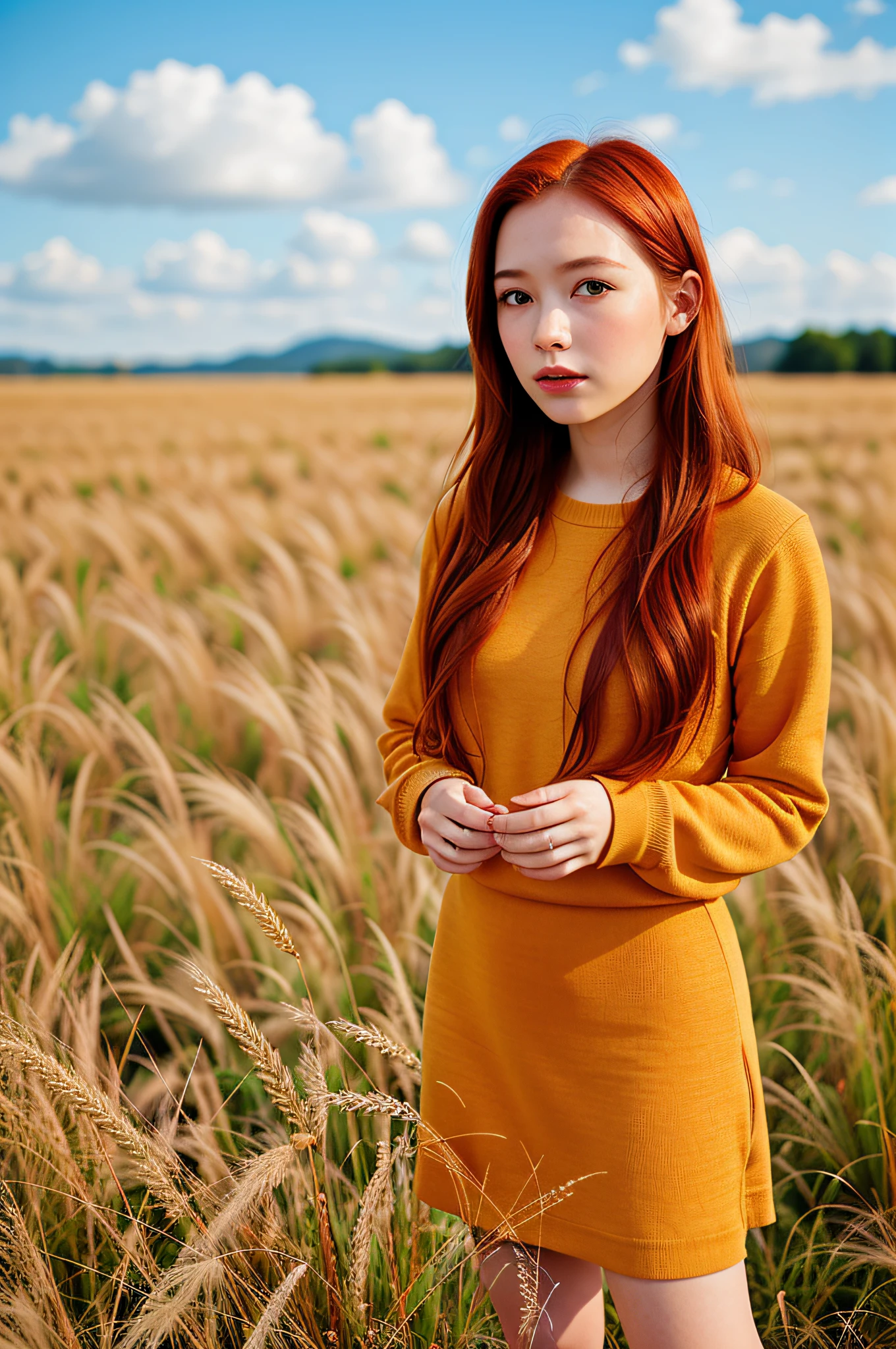 Full body, cute portrait of a redhead girl, standing on a wheat field, blooming, orange mist, sport, thinning hair, realism, high quality rendering, stunning art, high quality, film grain, Fujifilm XT3, dreamy, acne, freckles, blemishes, 85mm, nikkle, fuji provia, fuji portra