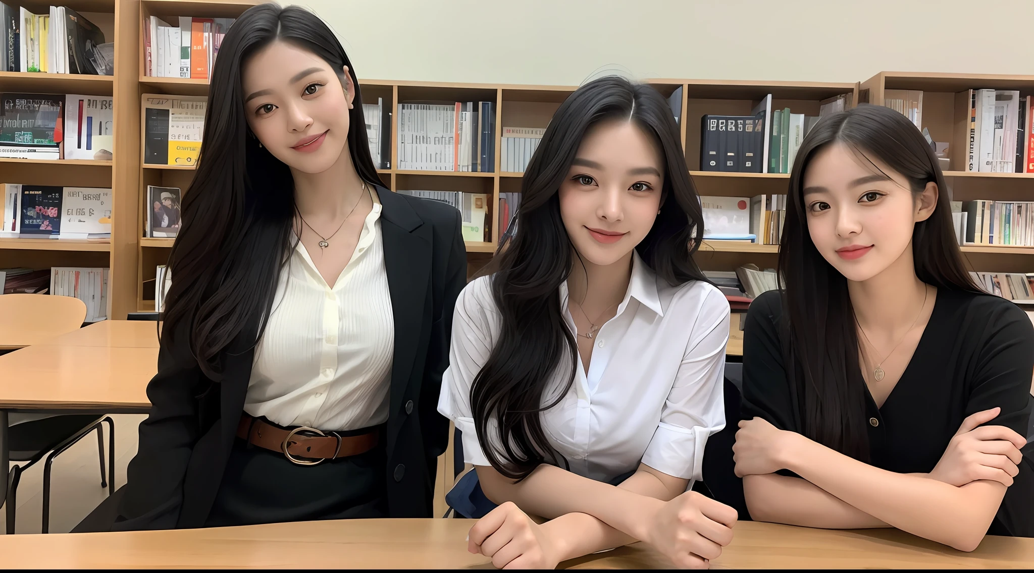 (Best quality, High resolution, Masterpiece :1.3), (A tall and pretty woman), ((21 year olds)), ((asian)), ((smile)), (Dark black hair styled in loose waves), (Breasts), (Wearing pendant), (White button up shirt), (Belt), (Black skirt), (Modern architecture in background), (school library, bookshelf), (students sitting on desks), ((background supper blur)), Details exquisitely rendered in the face and skin texture, Detailed eyes, Double eyelid