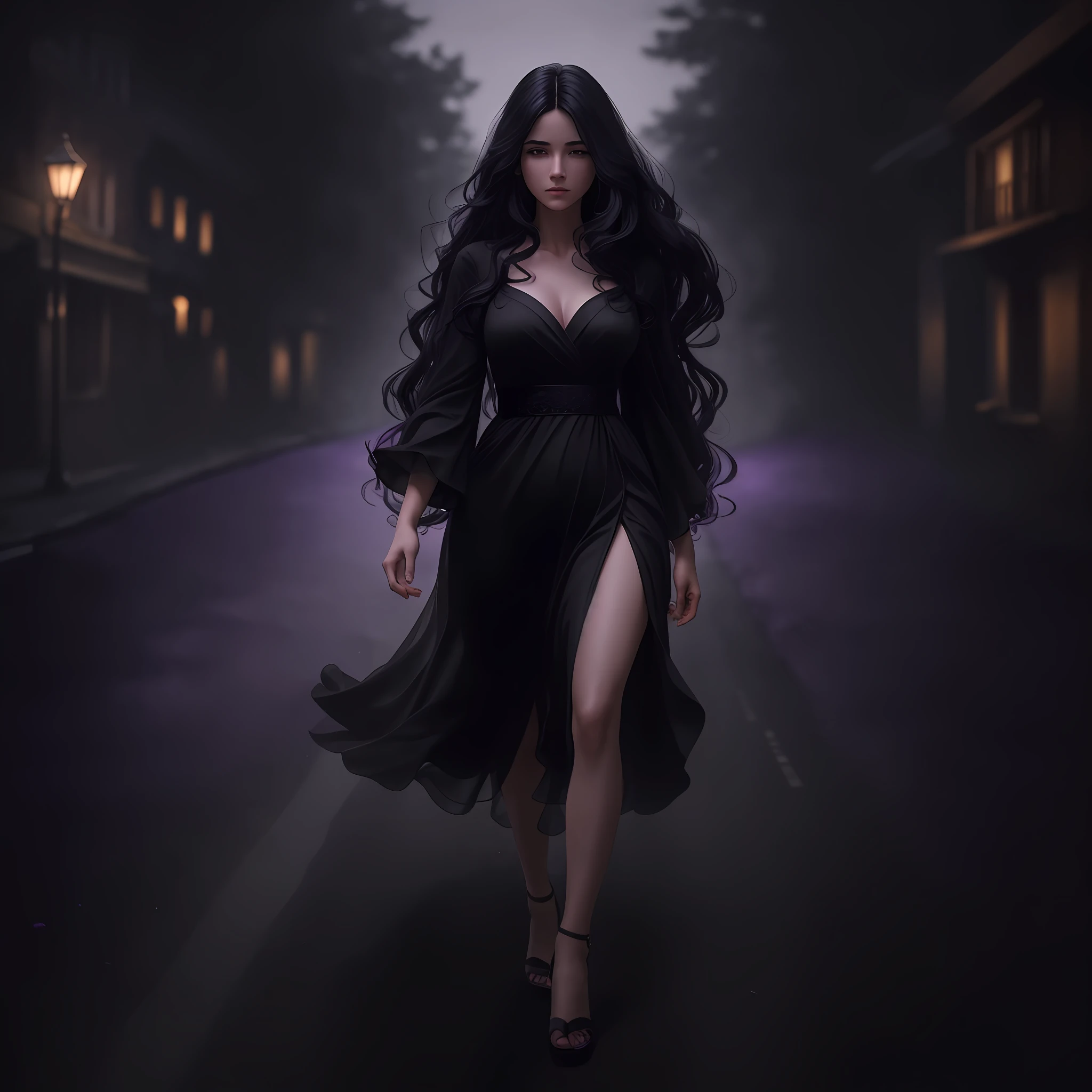 Woman walking head-on down a road at night, with fog and shadows, wavy and long black hair, detailed hand and fingers, high quality, ultra-detailed, 8k, masterpiece, (volumetric lighting), black magic, fanciful, lilac colors, purple, black and vivid shadows on the woman's return. --auto --s2