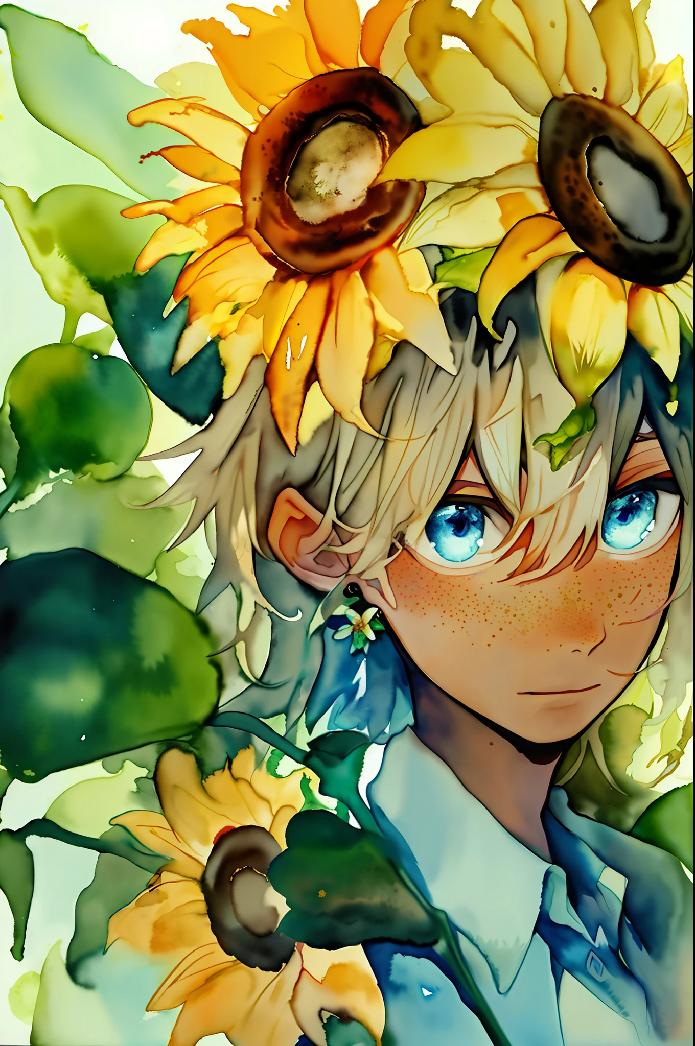(watercolor: 1.2), 1boy, solo, flower, sunflower, freckles, portrait, leaf, bangs, signature, yellow flower, brown hair, long hair, blue eyes, hair between eyes, flower earrings, dark skin