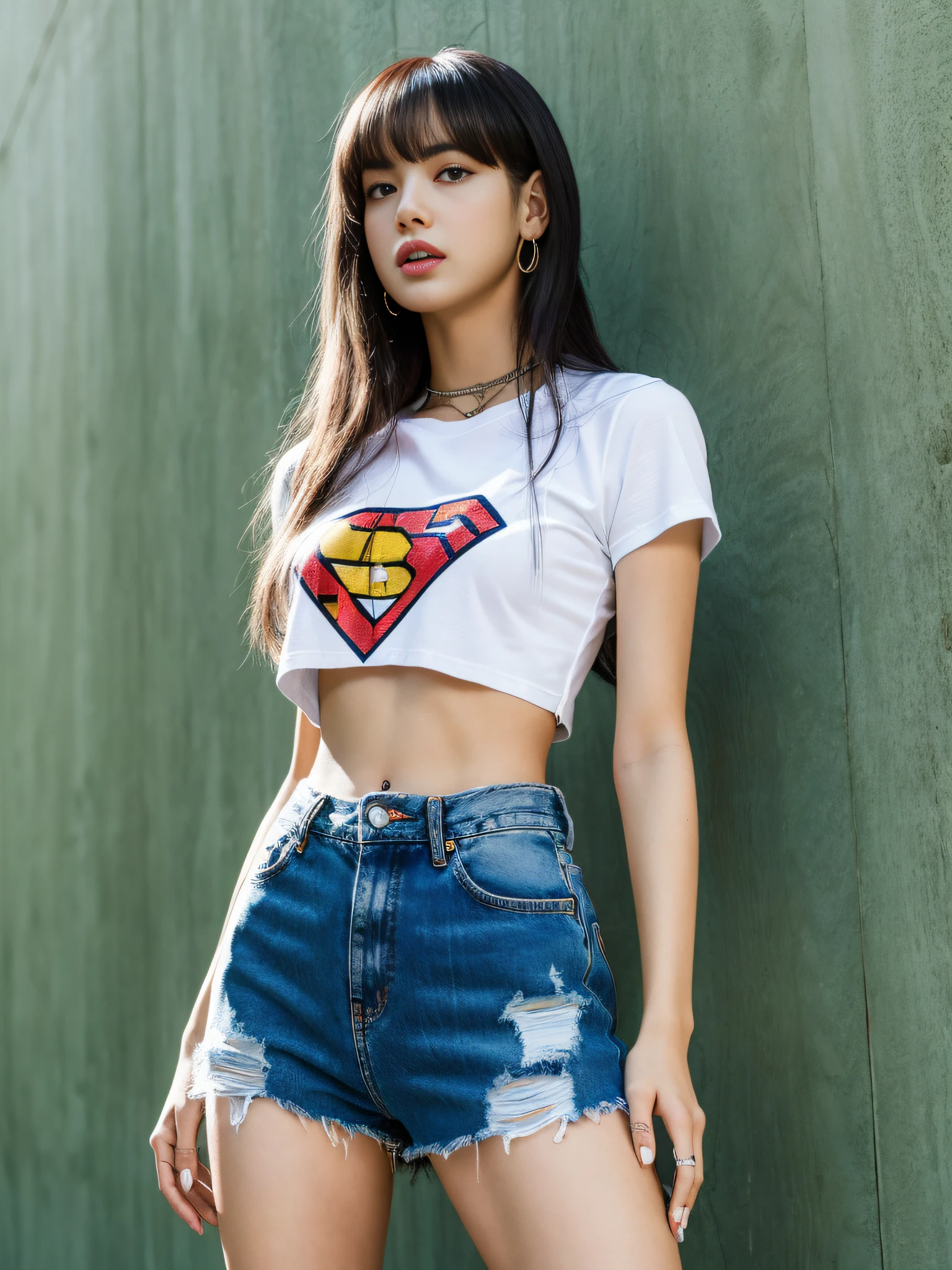 Lisa long hair, Lisa face shape, American retro sportswear, cropped skinny slip T-shirt, digital print, denim ripped pants, long legs, standing pose, masterpiece, superlative, realistic, HD, natural sunlight, 16k