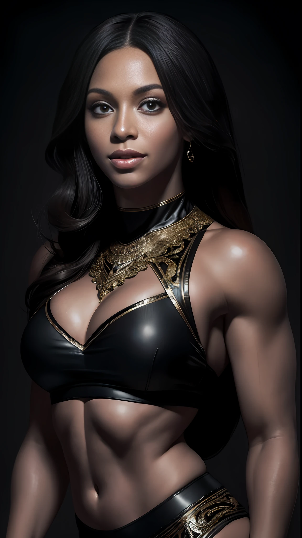 8k portrait of Beyoncé muscular, smiling, gym clothes, intricate, 35 years old, gym background, full body, looking at the camera, elegant, (black eyes), highly detailed, majestic, digital photography, art by artgerm and ruan jia and greg rutkowski, black hair, broken glass around (masterpiece, side lighting, beautiful finely detailed eyes: 1.2 ), hdr