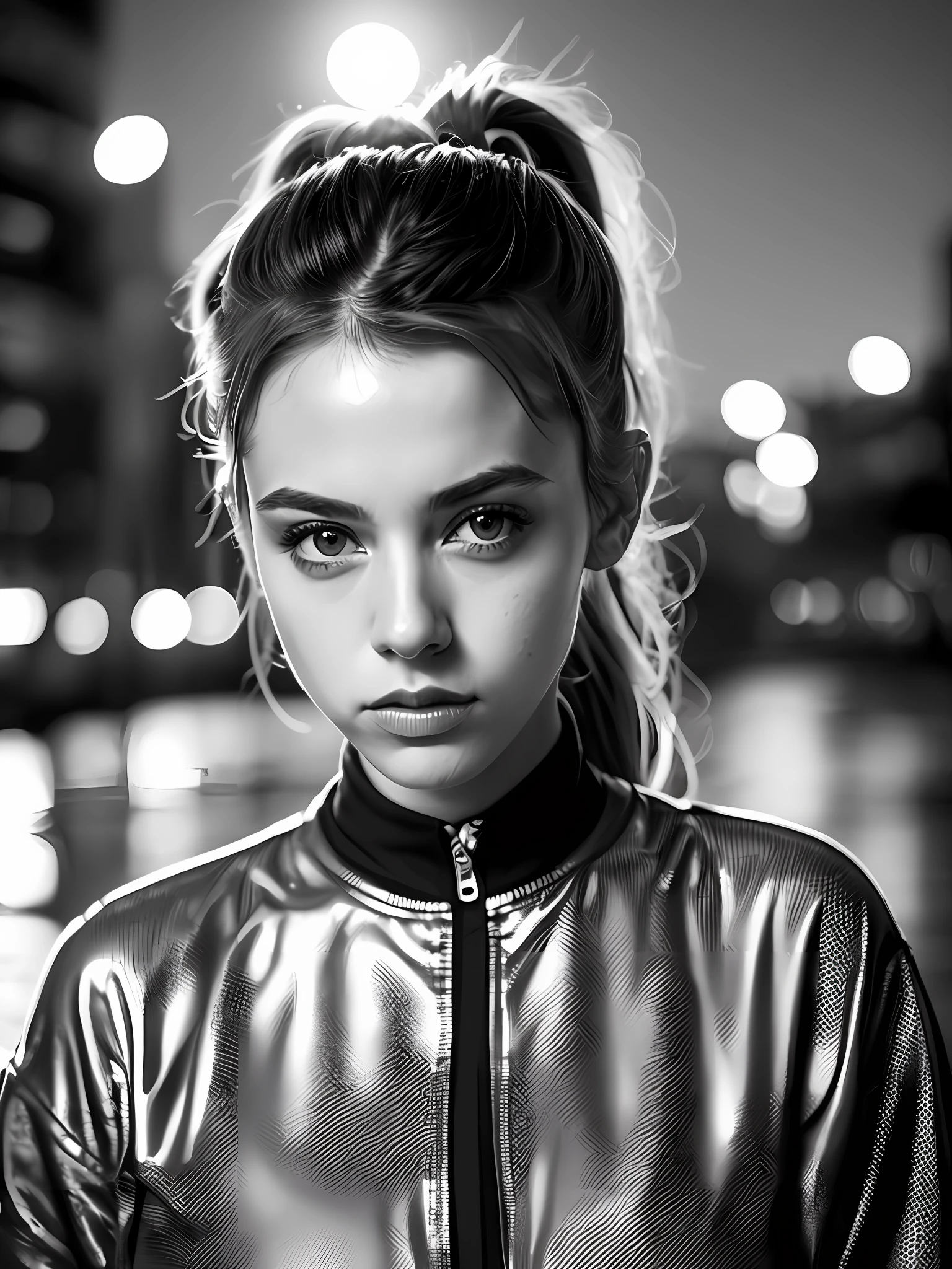 Movie poster, Closeup Portrait photo of a 25 year old european girl, (provocative :0.7), posing, look at a camera, ponytails hair, blurred city background, backlit, (cinematic:1.5), epic realistic, hyperdetailed, insane details, intricate details, accent lighting, soft volumetric light, bokeh, (dramatic light:1.2), (neutral colors:1.3), cross process, black and white photo