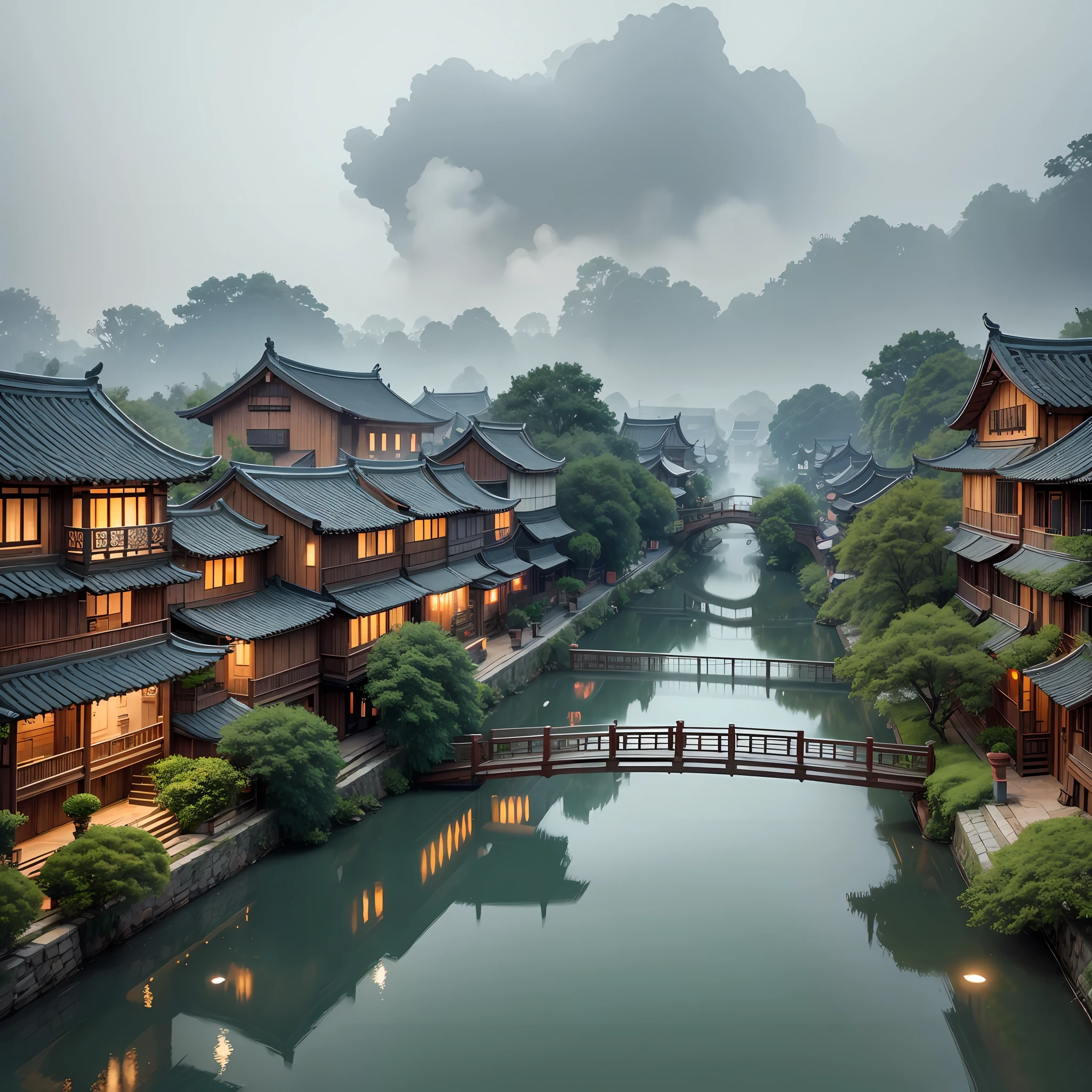 Gangnam town, smoke and rain, green trees. In this town, the old houses are built along the river and look very quaint. The roof is covered with cyan glazed tiles, giving it a sense of tranquility and nature. In the middle of the town, a small stream flows leisurely and the water is crystal clear. The characteristic bridge in Jiangnan spans the stream, and the bridge deck is cobbled and paved, and walking on the bridge seems to go back in time. Autumn in Jiangnan is always wet and cold, and at this time, the town is shrouded in a thick layer of fog, smoke and rain, like a dream. Walking through such a town is like stepping into a secluded and poetic world. --auto --s2
