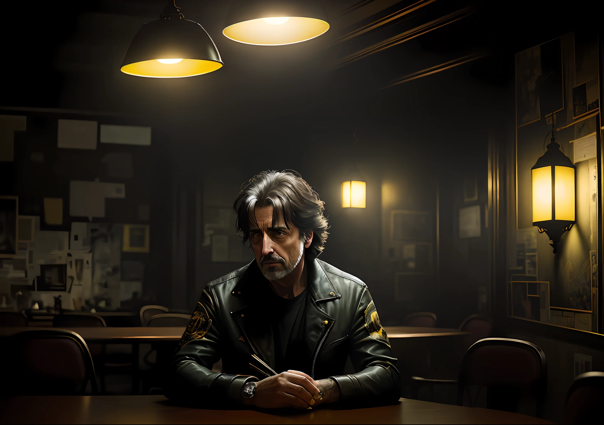 Al Pacino dark photo: sitting at the table, realistic epic, portrait of, green eyes of Atey Ghailan, Greg Rutkowski, Greg Tocchini, James Gilleard, Joe Fenton, Kaethe Butcher, yellow gradient, black, brown and magenta color scheme, grunge aesthetic!!! Graffiti brand wall background, art by Greg Rutkowski and Artgerm, soft cinematic light, Adobe Lightroom, Photo Lab, HDR, intricate, highly detailed, (depth of field: 1.4), faded, (neutral colors: 1.2), (HDR: 1.4), (soft colors:1.2), hyperdetailed, (Artstation:1.4), cinematic, warm lights, dramatic light, (intricate details:1.1), complex background, (Rutkowski:0.66), (blue and orange:0.4)