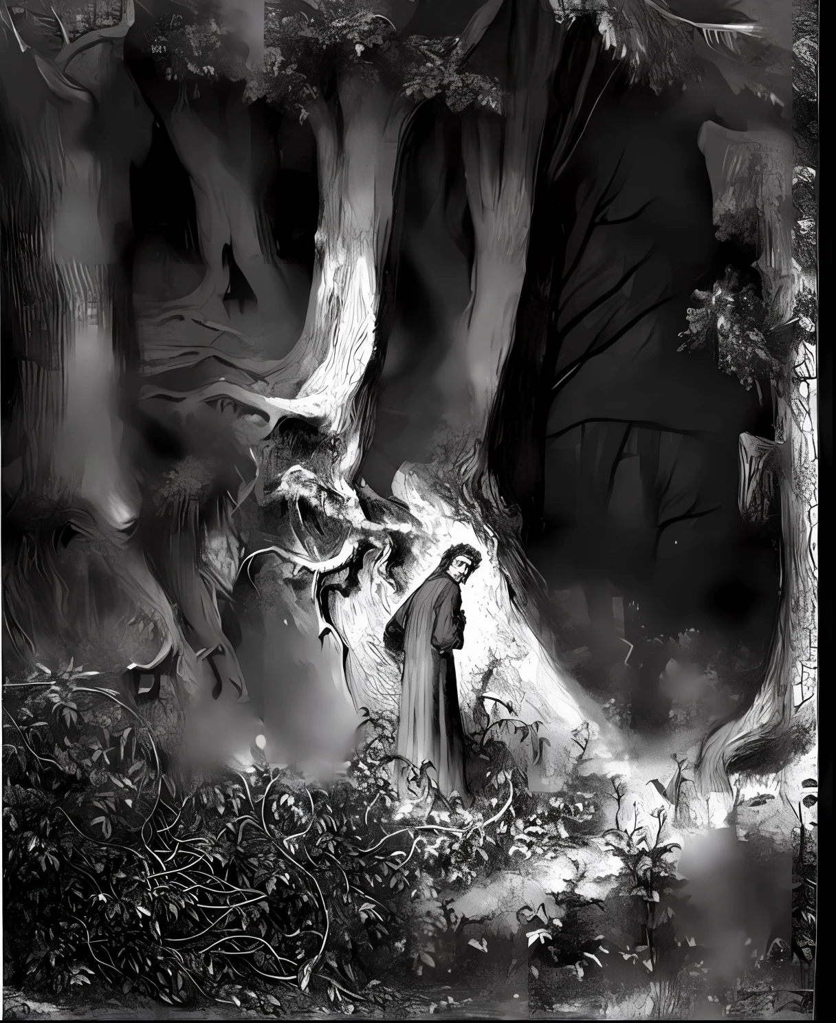 a black and white drawing of a man standing in a forest, by gustav dore, by Gustav Doré, by Gustave Doré, by Gustave Dore, gustave dore' background, gustave dore style, drawing gustave dore, gustave dore\' background, gustave doré style, gustave dore engraving, inspired by Gustave Doré, inspired by Gustave Dore, dore