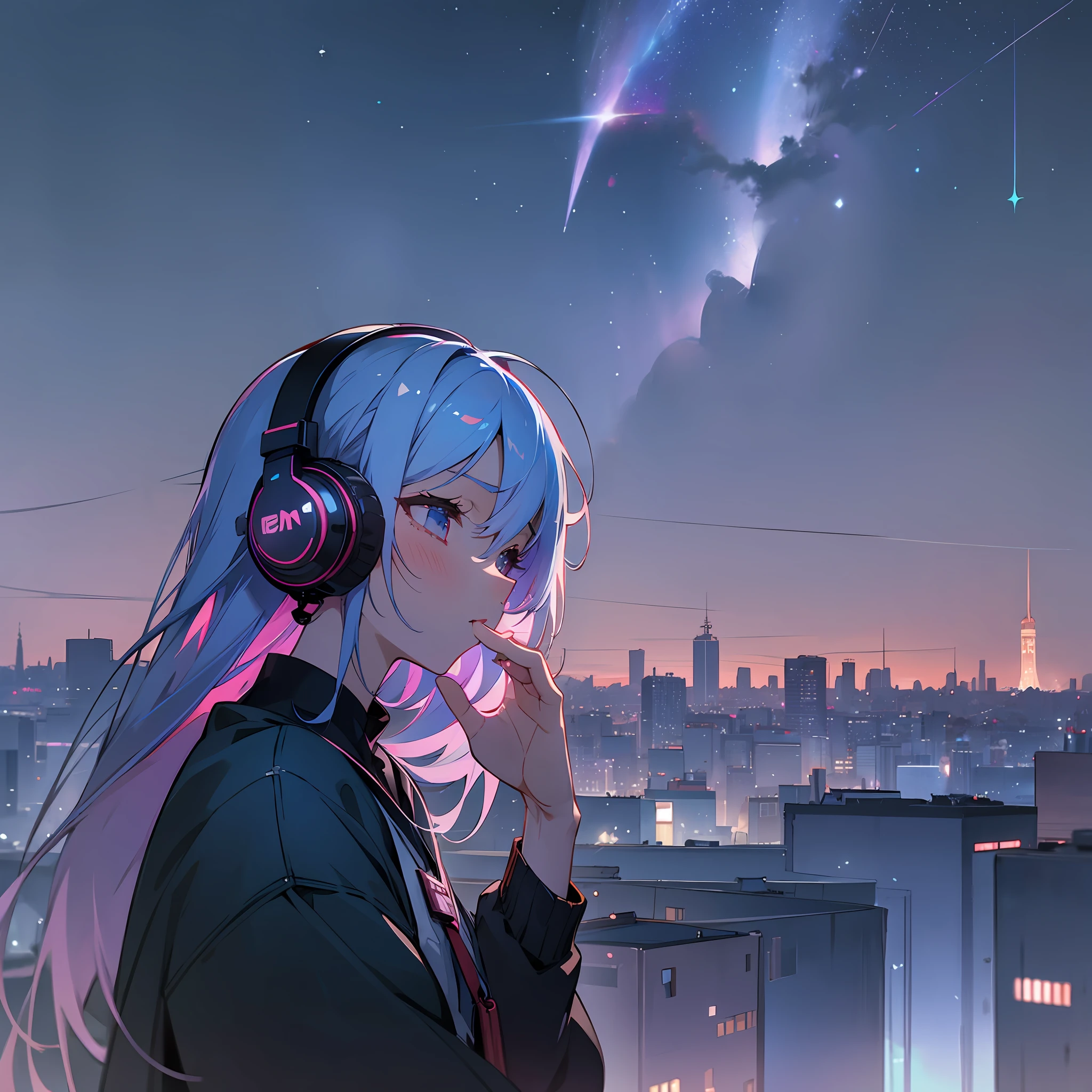 anime girl smoking, aesthetic, sadness, lonely, building roof, headphones, cellphone, nightsky, stars, lights, moon, high detailed, high detailed textures, 8k --auto --s2