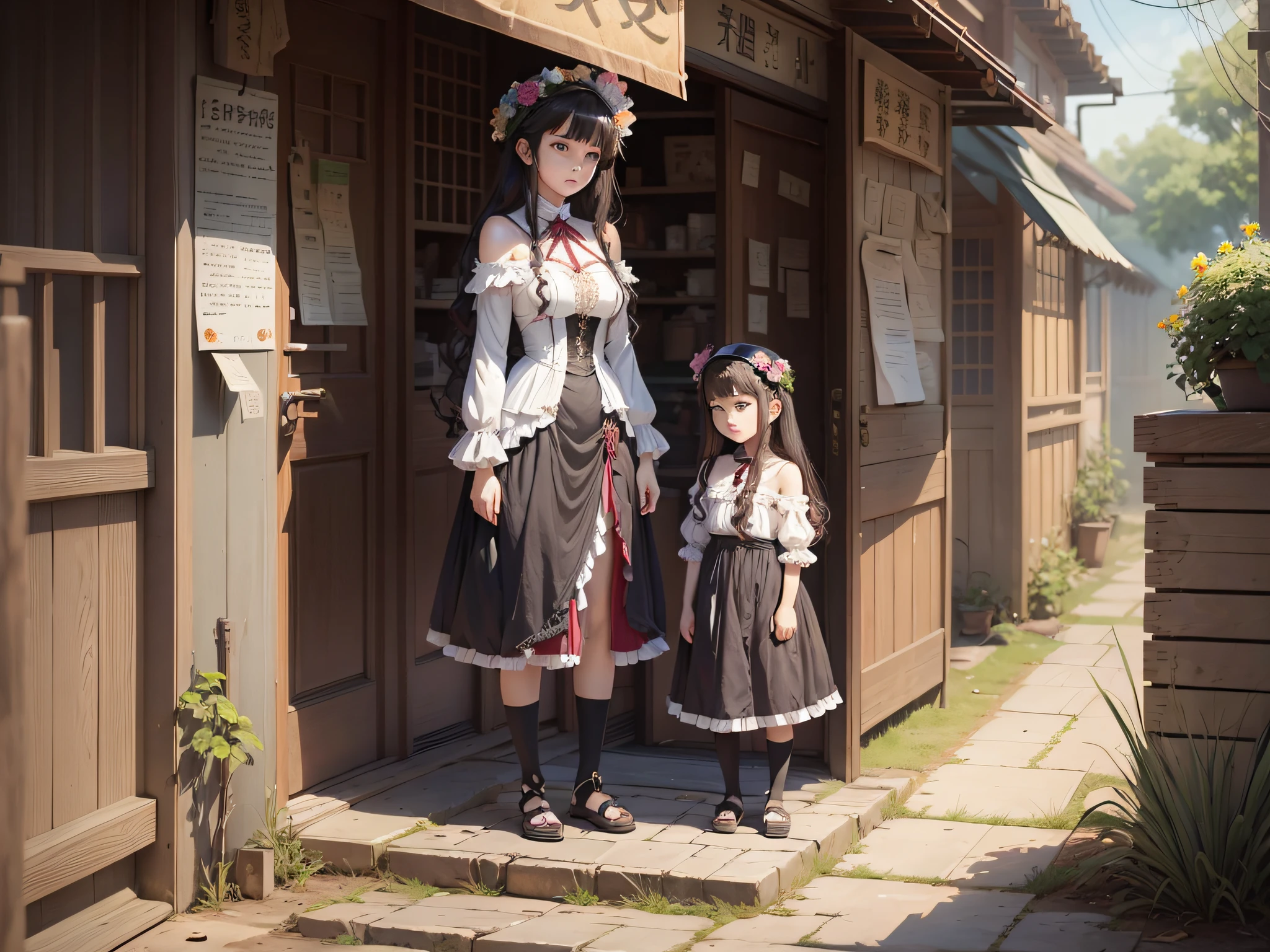 Two girls, mother and daughter, full body photo, beautiful, grievances and pitiful, realistic, anime style. --auto --s2