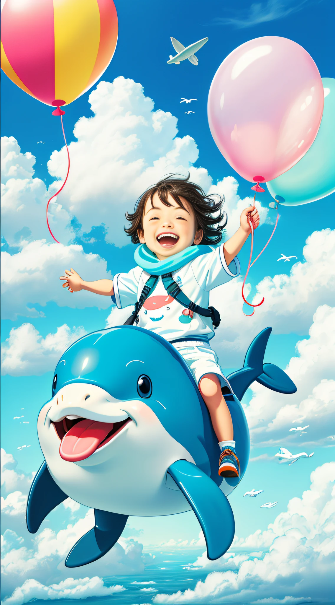 A , riding a dolphin, laughing happily, flying in the clouds, colorful balloons, blue sky and white clouds, looking at the camera