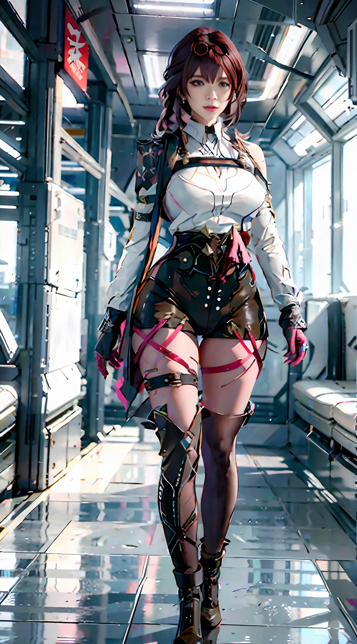 Unreal Engine 5 Realistic Rendering, wearing cosplay Kafka from Honkai Star Rail, Honkai Star Rail, game character, cosplayer, walking down hallway of futuristic space station, beautiful face, makeup, top body is hyper realistic thicc muscle and hyper largest_breasts!! with the type of boobs_melons, lower is huge buttocks, jealous, highres, highres, 1080P, UHD, masterpiece