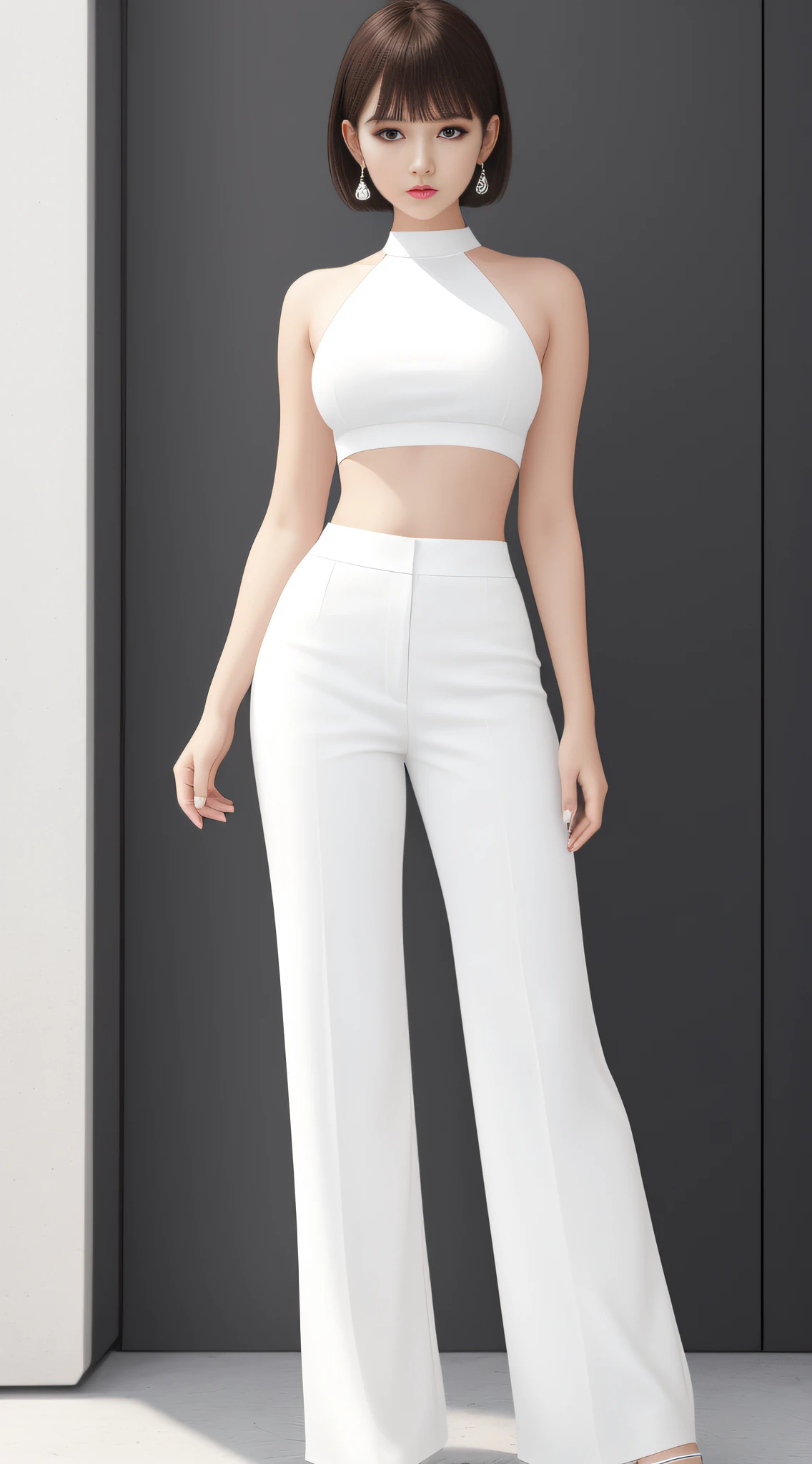 1 girl, (white top) (shirt), mesh wide-leg pants, best quality, masterpiece, (realism: 1.2), high heels, short hair, front, full body