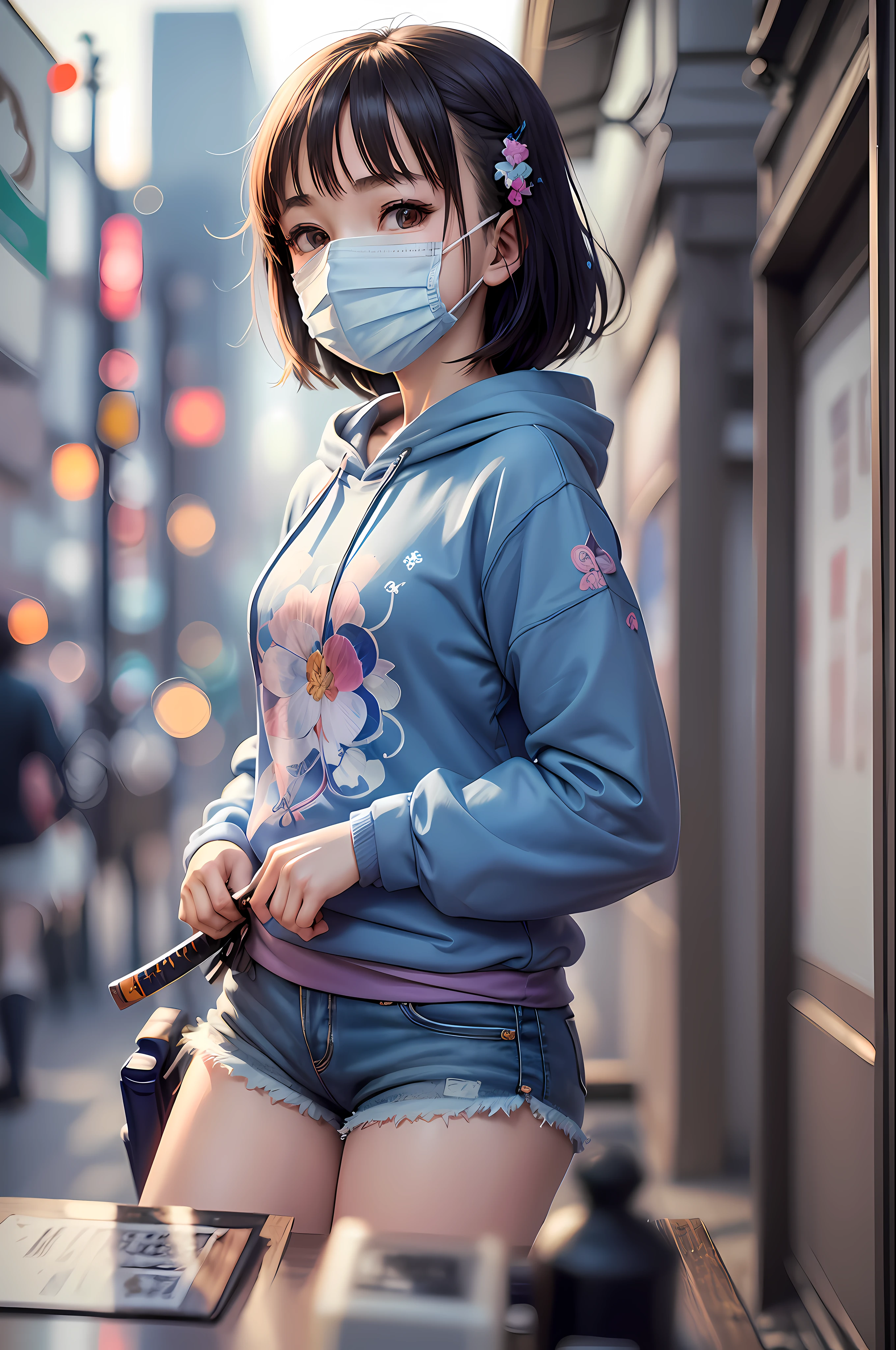 (Minute details, masterpiece, delicate work), ((anime style)), fluid stroke, girl, (blue sweatshirt), (wearing mask), (wearing shorts),((carrying katana)), teenage body, proportional, symmetrical body, top quality,soft focus,(((Just 1girl))), Tokyo city background,aesthetic lofi --auto --s2