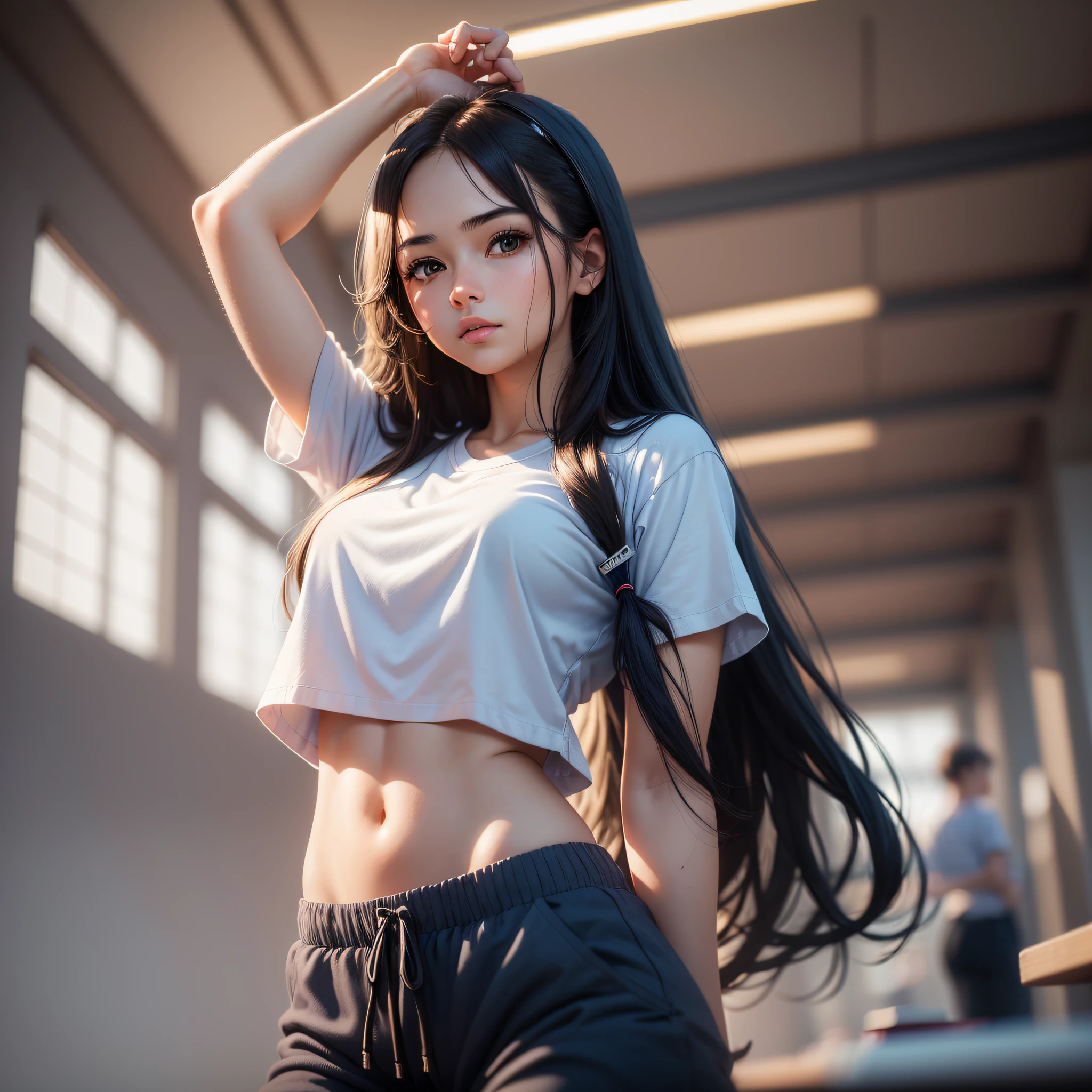 Best Quality, Masterpiece, Ultra High Resolution, RAW Photo, (Realistic: 1.4), 1Girl, In (Blue Collar White Shirt, Black Sweatpants) (Narrow Waist: 1.2), Long Hair, In Library, Bokeh, Beautiful Lighting, Model Posing --auto --s2
