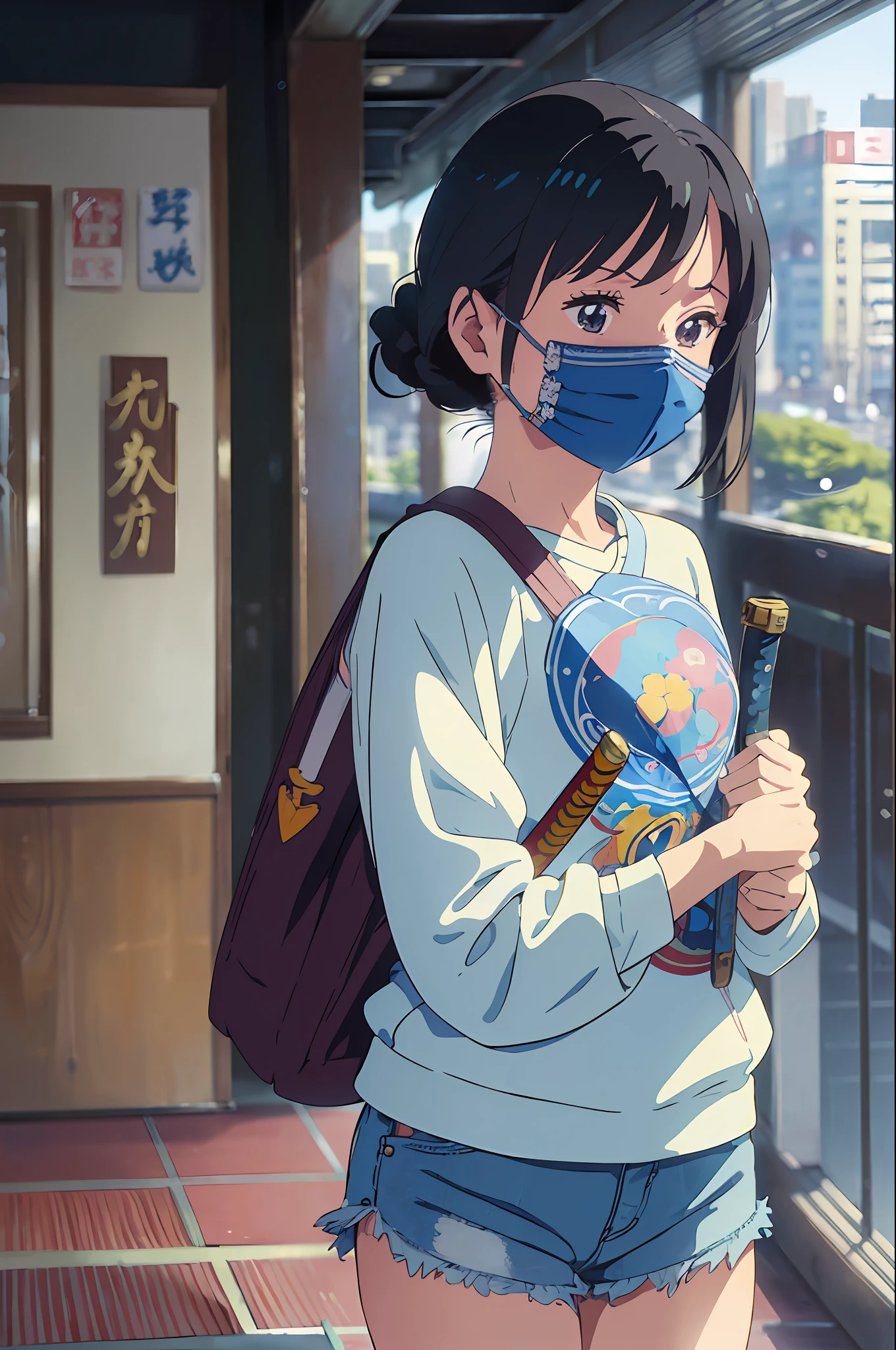 (Minute details, masterpiece, delicate work), ((anime style)), fluid stroke, girl, (blue sweatshirt), (wearing mask), (wearing shorts),((carrying katana)), teenage body, proportional, symmetrical body, top quality,soft focus,(((Just 1girl))), Tokyo city background,aesthetic lofi --auto --s2