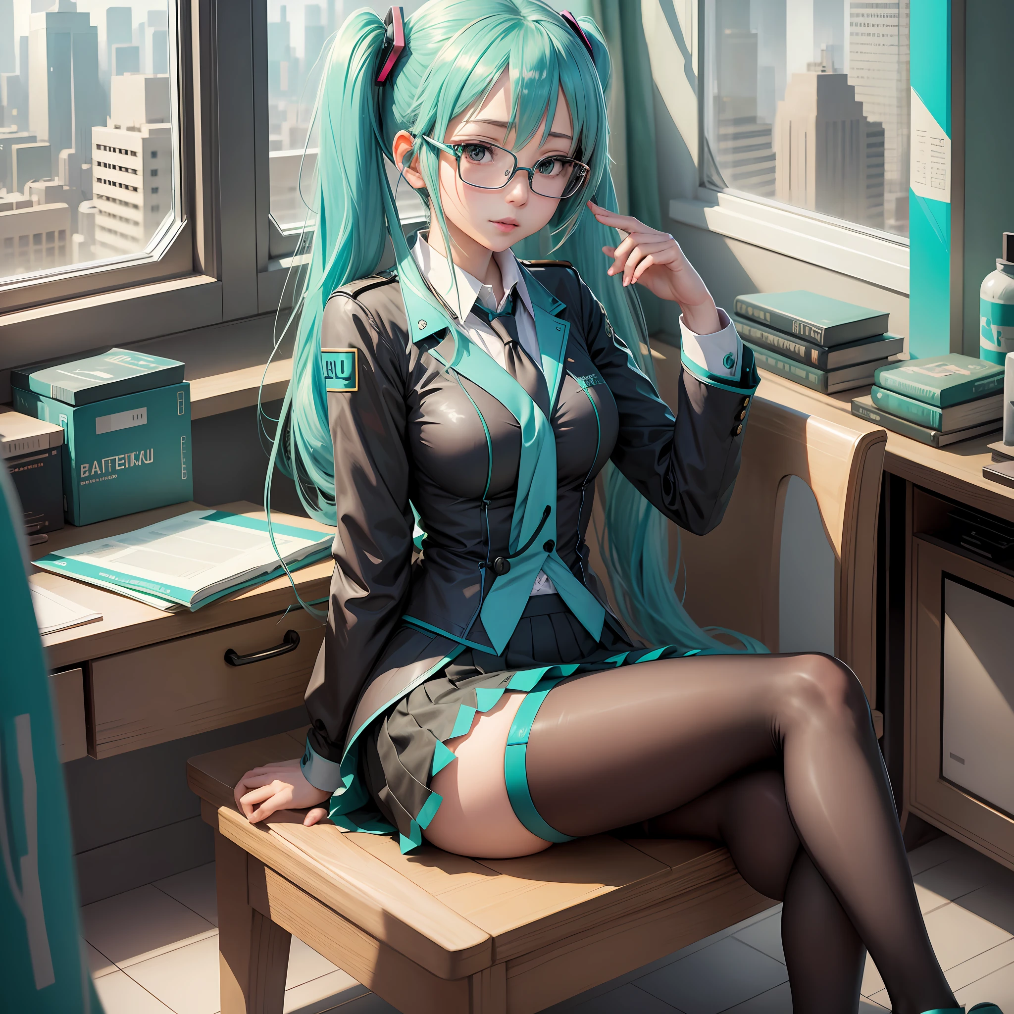 Hatsune Miku, uniform, secretary, sexy tights, sitting, wearing glasses --auto --s2