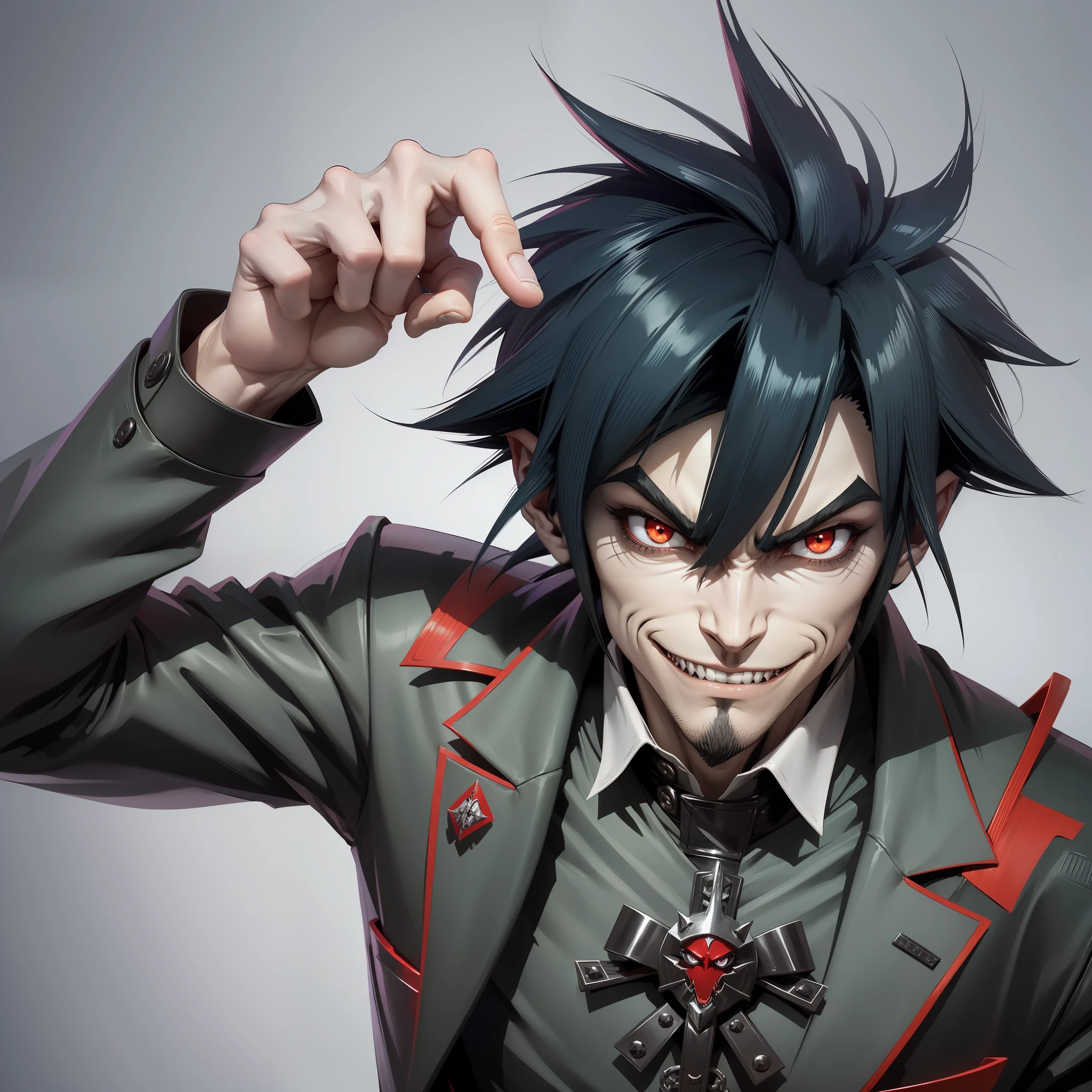 a close up of a cartoon character with a long nose, from cryptid academia, l vampire, nefarious smirk, official art, 2 d anime, he's very menacing and evil, 2 d art, 2d art, is evil gremlin, murdoc niccals, inspired by Ib Eisner, machiavellian puppetmaster