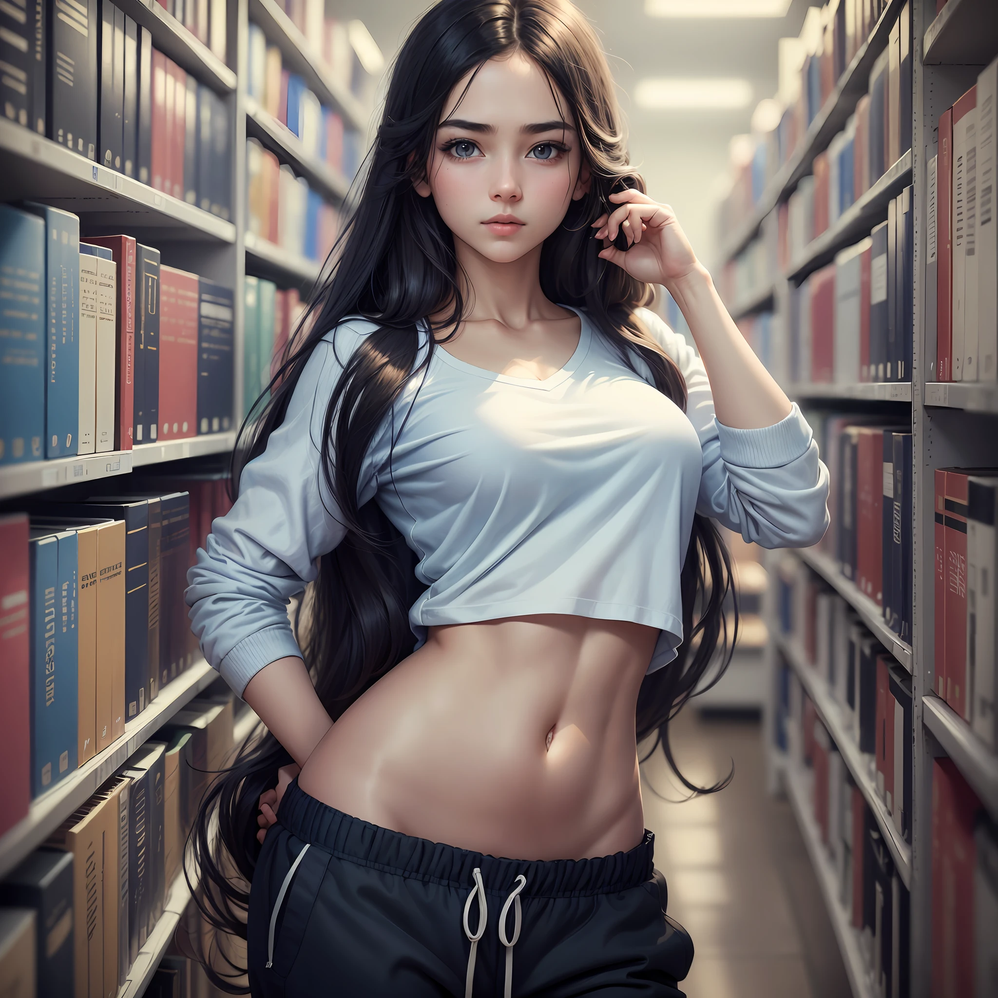 Best Quality, Masterpiece, Ultra High Resolution, RAW Photo, (Realistic: 1.4), 1Girl, In (Blue Collar White Shirt, Black Sweatpants) (Narrow Waist: 1.2), Long Hair, In Library, Bokeh, Beautiful Lighting, Model Posing --auto --s2