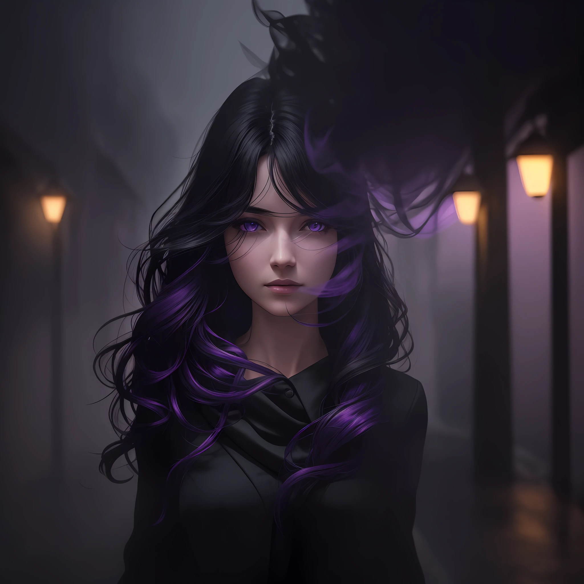 Woman walking head-on down a road at night, with fog and shadows, wavy and long black hair, detailed hand and fingers, high quality, ultra-detailed, 8k, masterpiece, (volumetric lighting), black magic, fanciful, lilac colors, purple, black and vivid shadows on the woman's return. --auto --s2