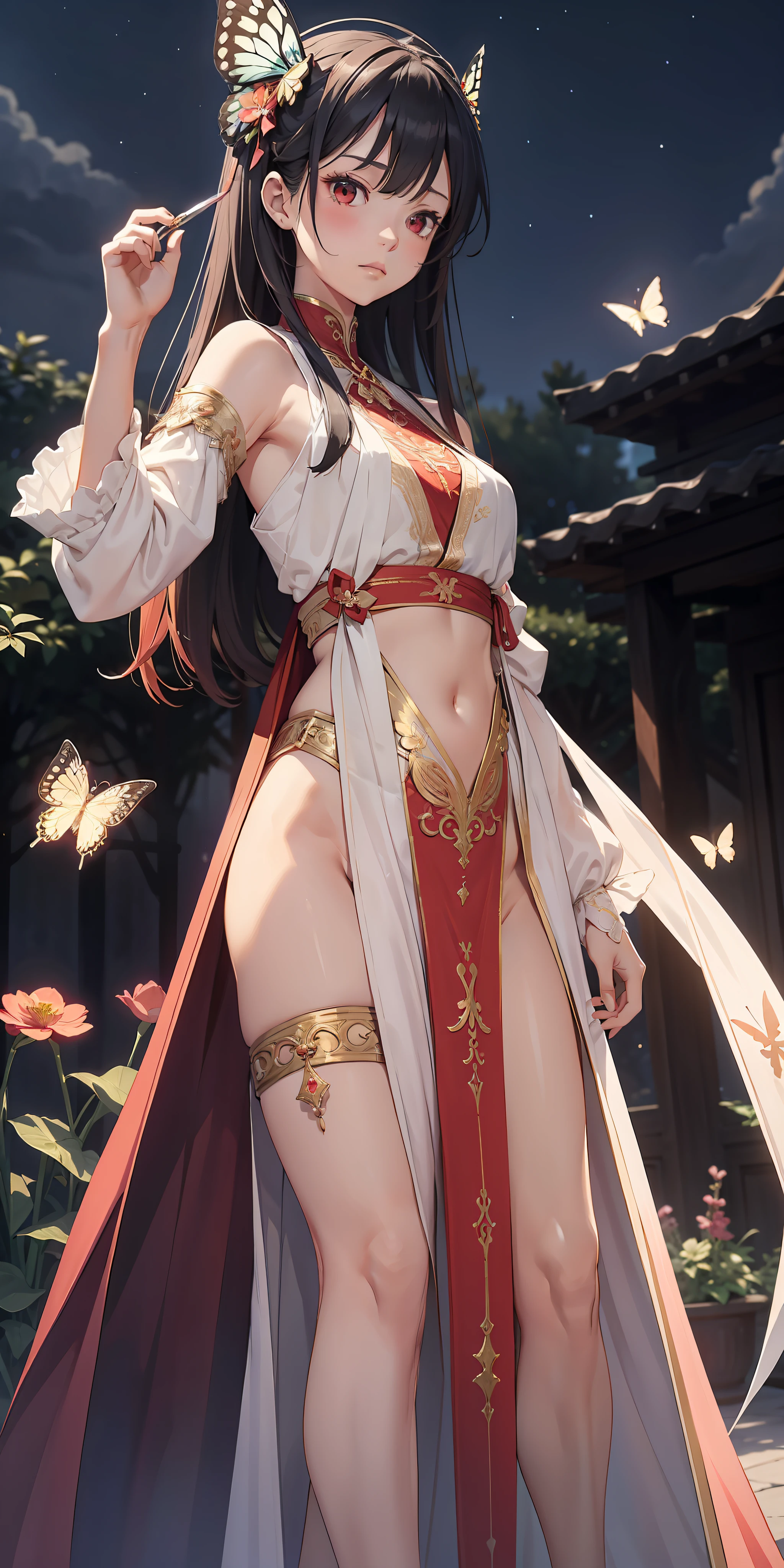((very detailed and delicate)), (8k CG wallpaper), maiden, (exposed navel, long legs, and shoulders: 1.5), long legs ((masterpiece)), (holding a large long knife: 1.8), (fighting stance: 1.4), delicate red eyes, starry sky, beautiful moon, (light red long hair and waist: 1.1), (with butterfly festival: 1.4), standing, upper body, facing the audience --auto --s2