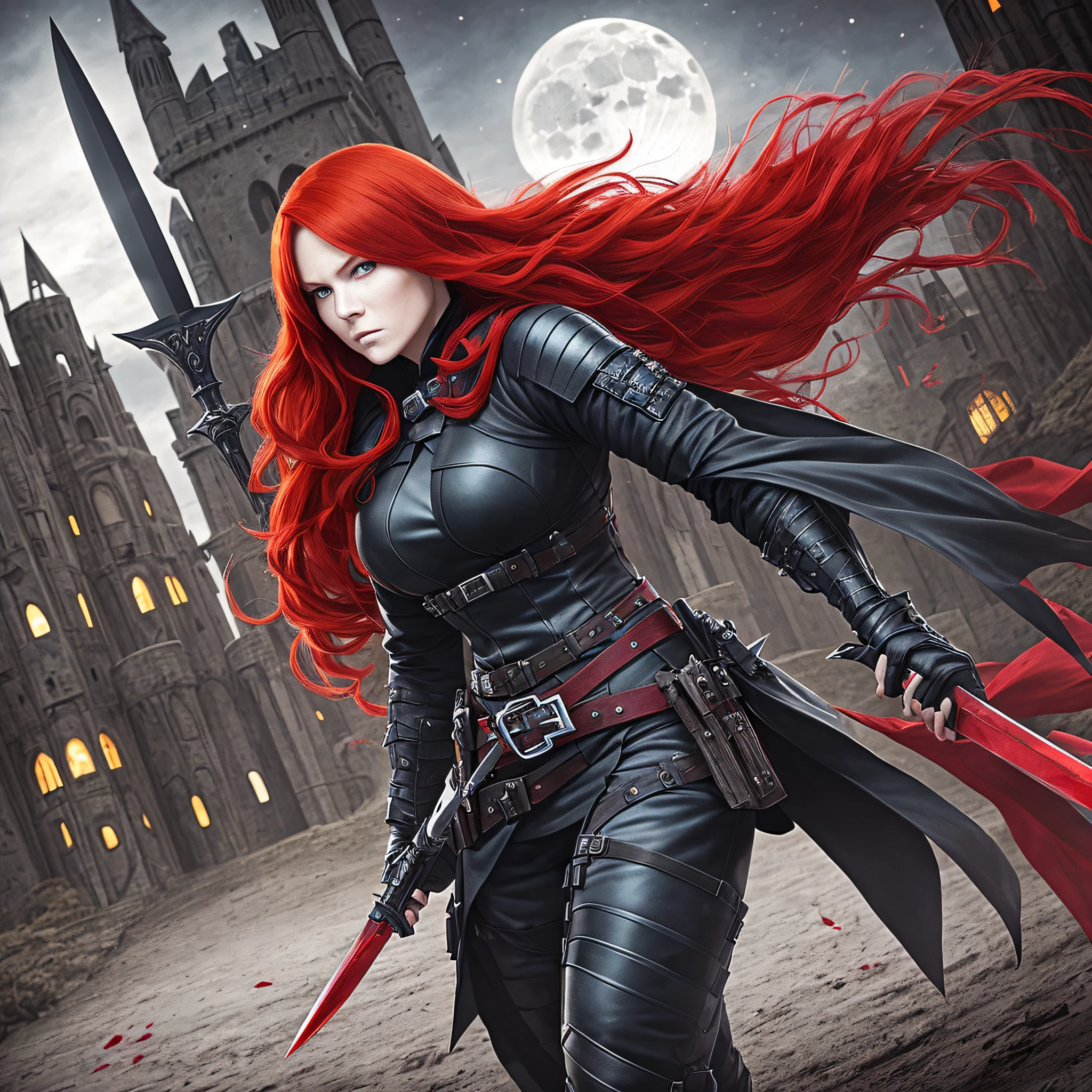Red-haired, red-eyed woman in an all-black assassin's costume, holding two daggers, castle in the background and bright moonlight, and trail of blood on the ground --auto --s2