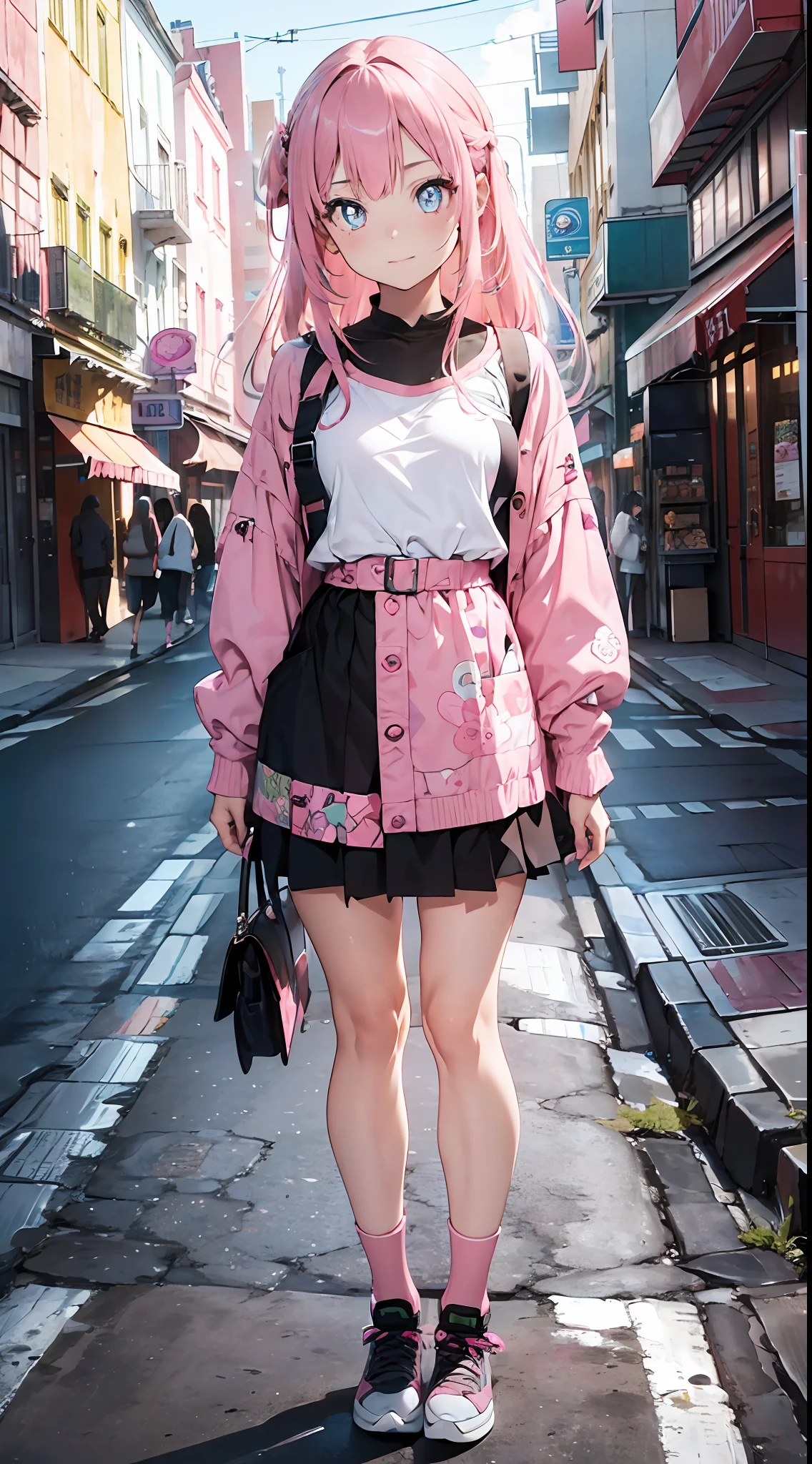 street snap(((masterpiece))),((ultra detailed,best quality, highres, 8k wallpaper, beautiful Clothes,)),fullbody,fullbodyshot (1 girl)((pink hair, long hair,straight hair,two side up)) (green eyes),eyeshadow, eyeliner,glow eyes, hyper detailed eyes, intricate eyes, beautiful eyes, ((glowing pink pupils))18-year-old girl.wearing a Comme des Garçon clothes.smile