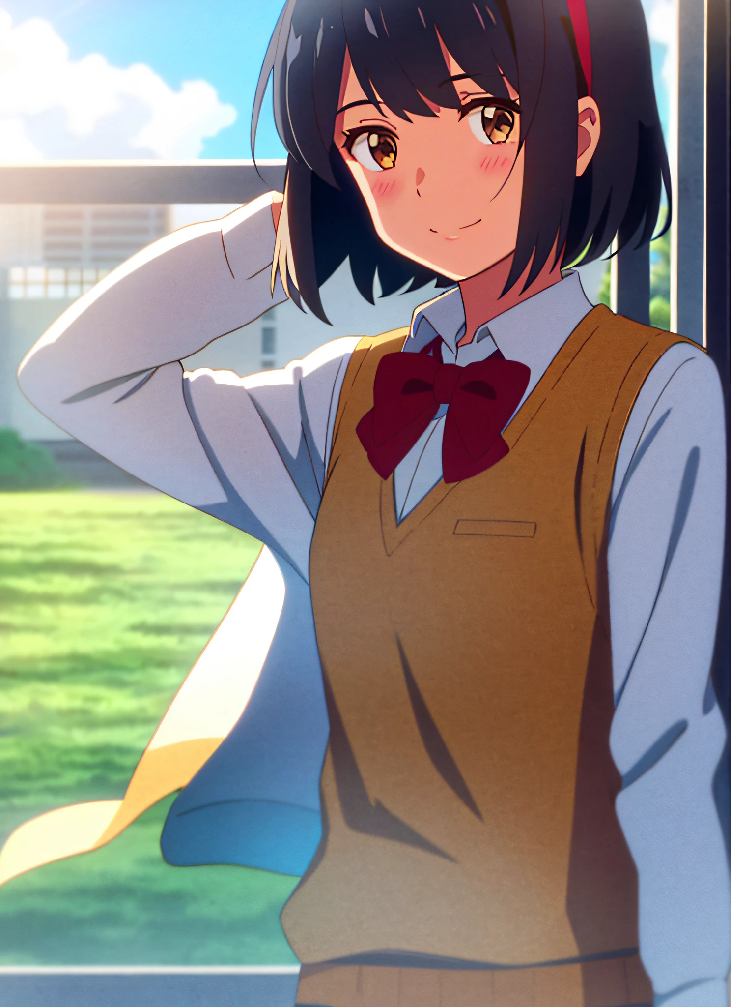 shinkai makoto, kimi no na wa., 1girl, bangs, black hair, blue sky, blush, bow, bowtie, brown eyes, cloud, collared shirt, hair ribbon, hairband, looking at viewer, negative space, outdoors, red bow, red bowtie, red hairband, red ribbon, ribbon, school uniform, shirt, short hair, sky, smile, solo, sweater vest, upper body, vest, white shirt, yellow sweater vest, yellow vest