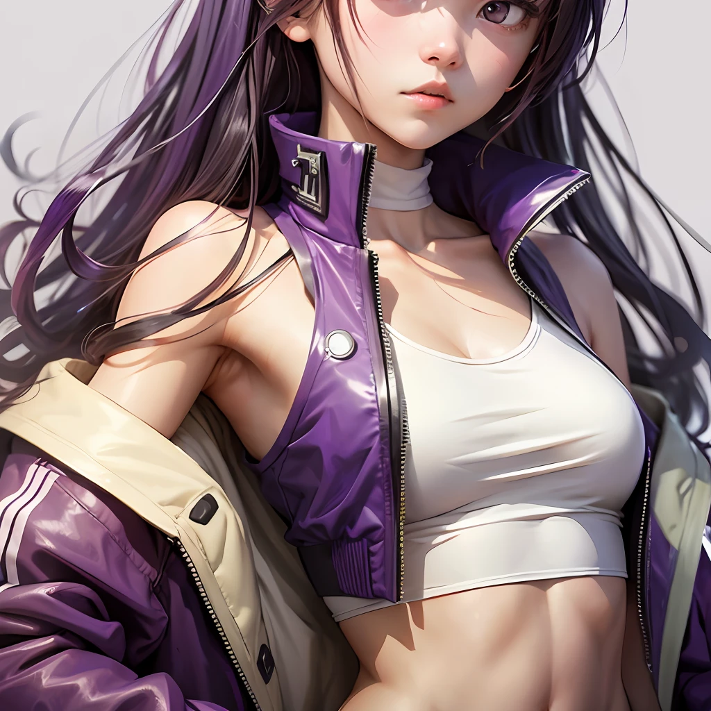 Flat-2D Animerge, A -yeld Jaese girl with dark purple shoulder-length hair, lost expression, wearing a white crop top vest, purple coat, anime style, close-up, white background --auto --s2