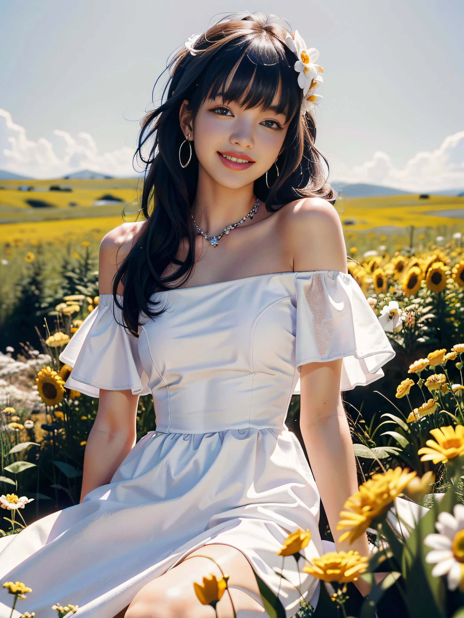 lisa, lisa face, best quality, masterpiece, super high resolution, (realism: 1.4), original photo, 1girl, white dress, off-the-shoulder, blooming flower field, glowing skin, light smile