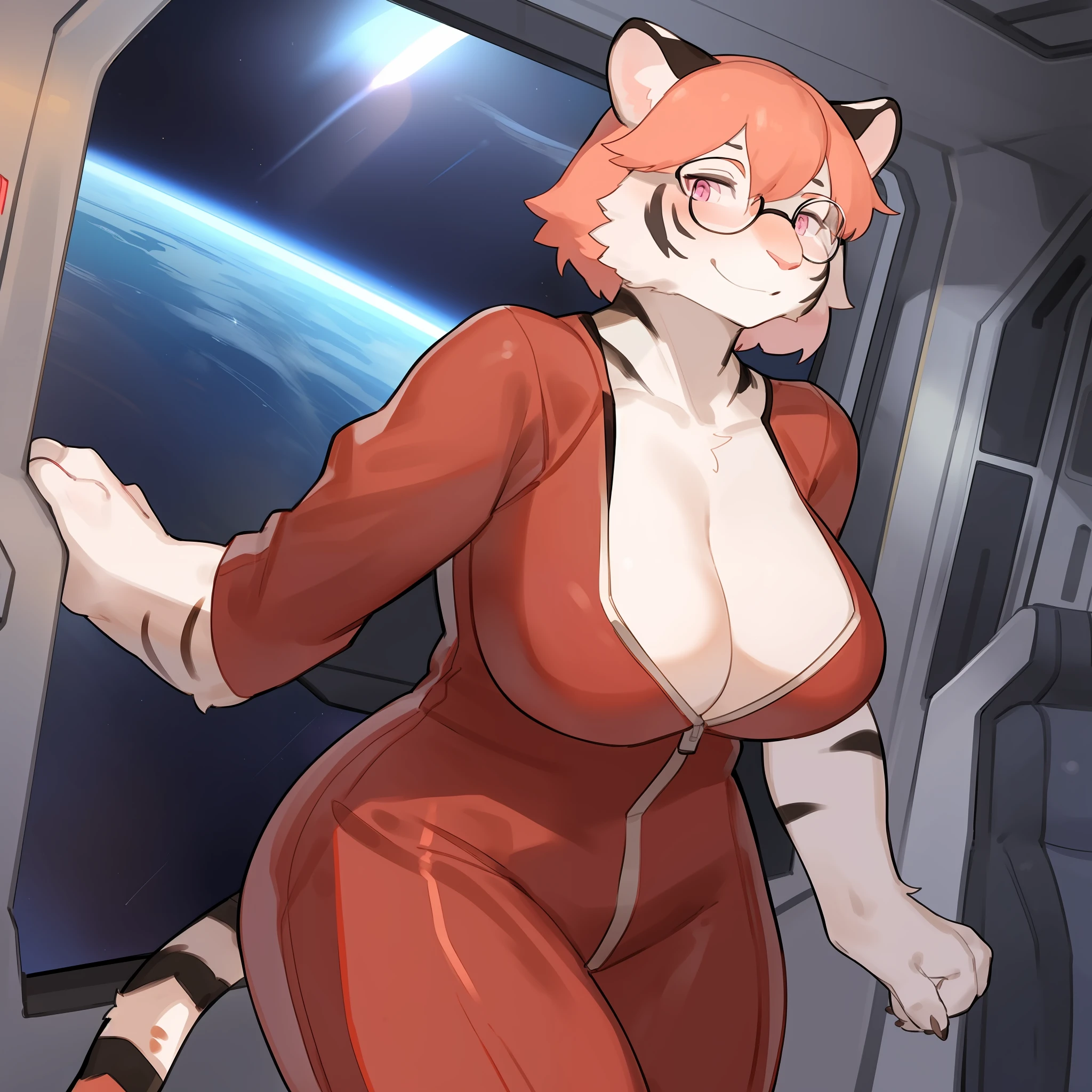 Solo, female, ((peach fur, peach hair, white fur, white body, pink eyes)), pantherine, snout, muscular, big, large, athletic, shy, smiling, thick rimmed glasses, , detailed eyes, detailed hands, ((peach colored tiger stripes)), white tiger, space, spaceship, window, red jumpsuit, red spacesuit, by bebebebebe, by buta99