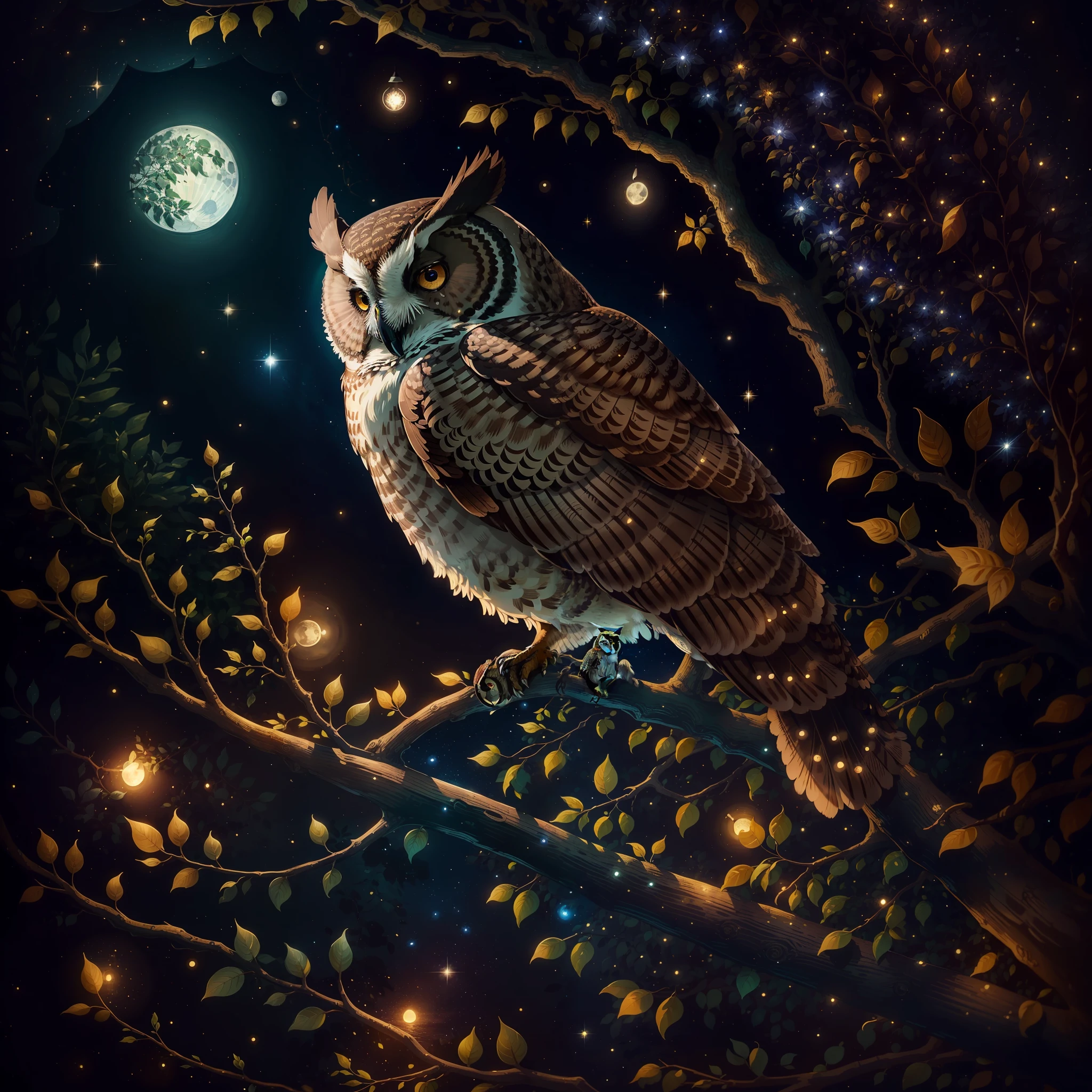 illustration, film light, realistic, highest quality, super detailed, best quality, masterpiece, brown and black owl, a leafy tree, starry night, full moon, shining sea