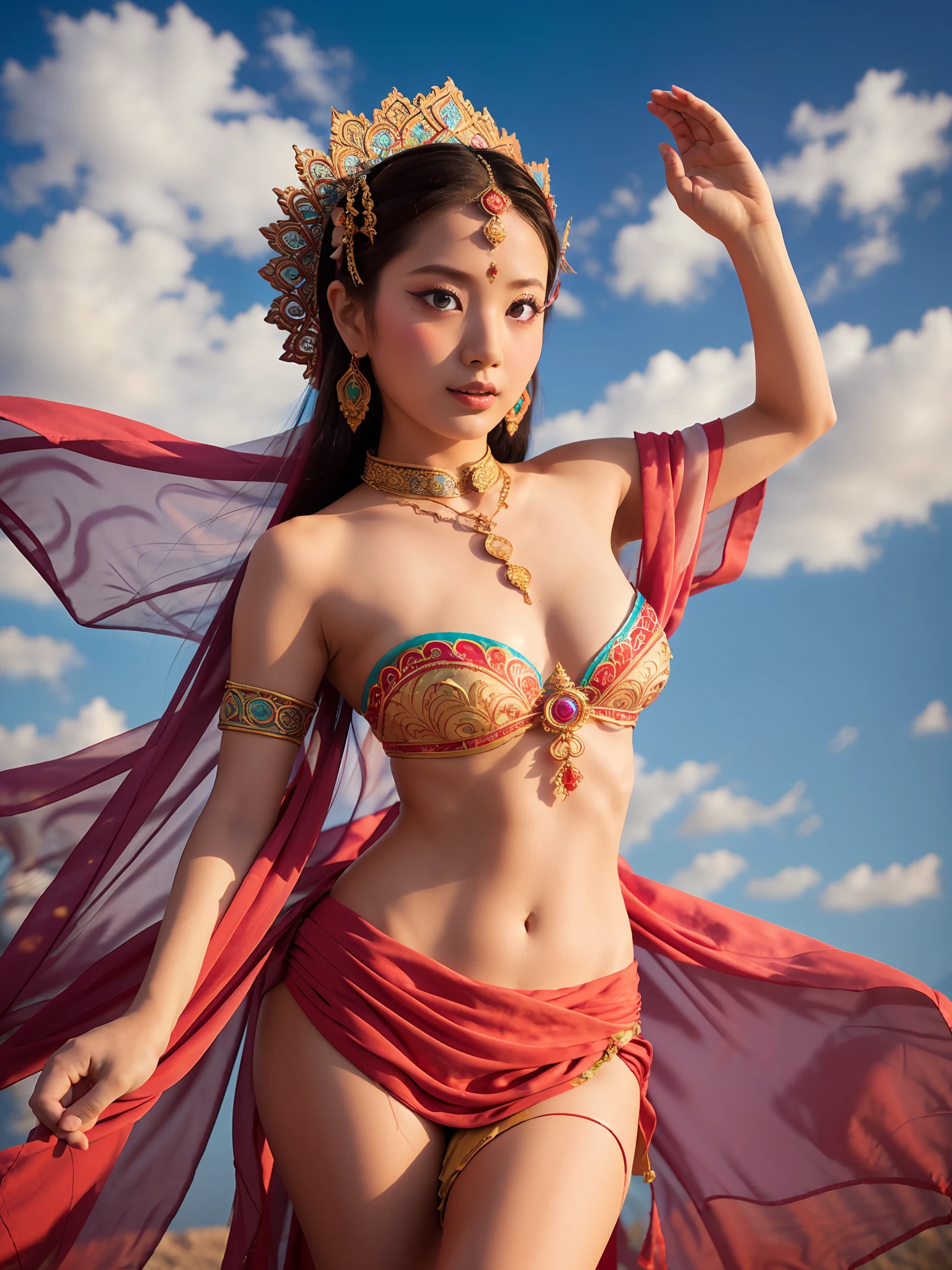 A photo of the Dunhuang Flying Apsara dance, set against a vast blue sky with white clouds. extreme beautiful face，The Apsara embodies elegance as she gracefully dances, adorned in a gorgeous brocade gown and holding a silk scarf in her hands, which she twirls effortlessly. The photo utilizes specific shooting modes, colors, and lens techniques. A collaboration of creative professionals from various fields will work together to uniquely express the beauty of the Apsara dance  - --auto --s2