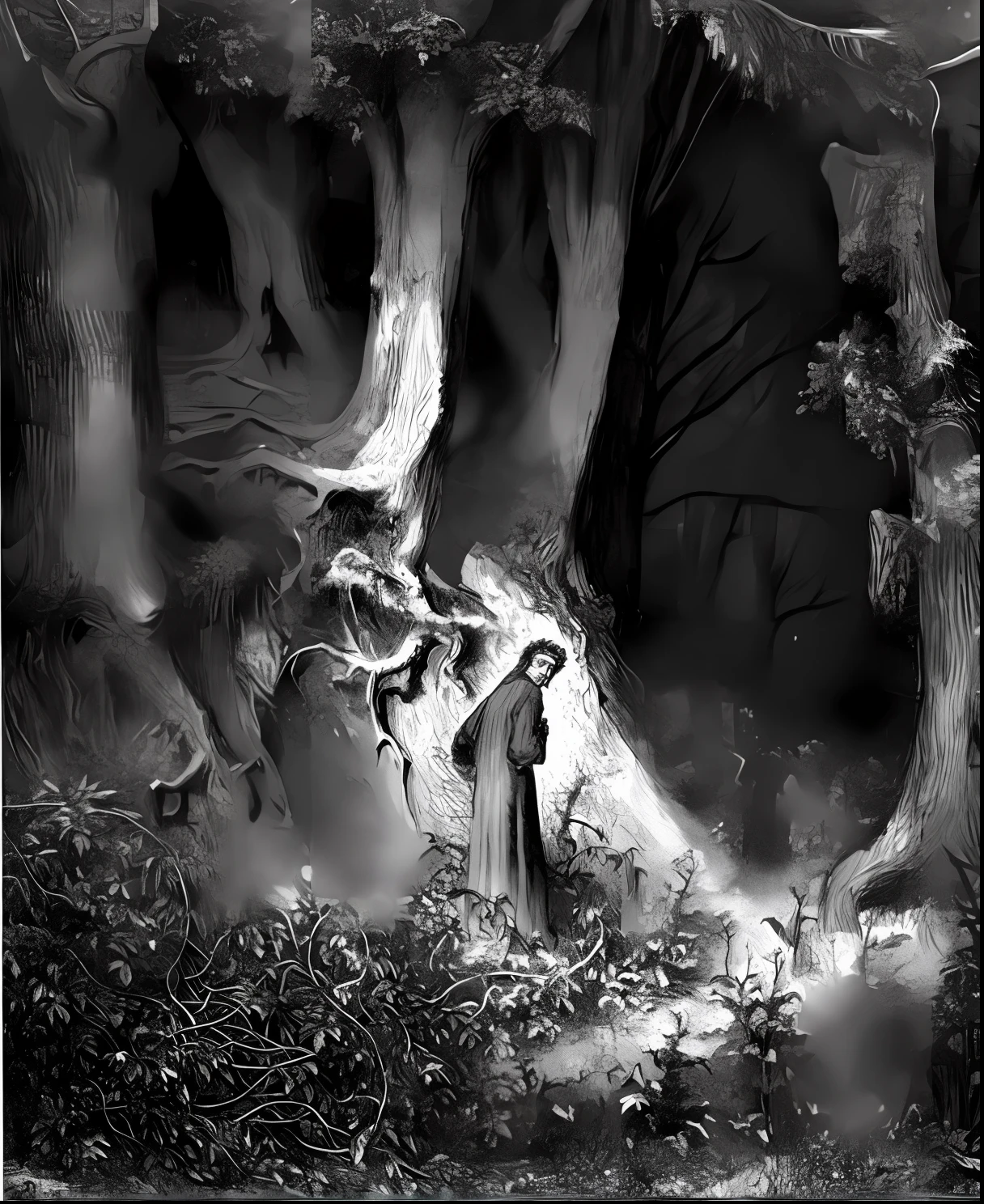 a black and white drawing of a man standing in a forest, by gustav dore, by Gustav Doré, by Gustave Doré, by Gustave Dore, gustave dore' background, gustave dore style, drawing gustave dore, gustave dore\' background, gustave doré style, gustave dore engraving, inspired by Gustave Doré, inspired by Gustave Dore, dore