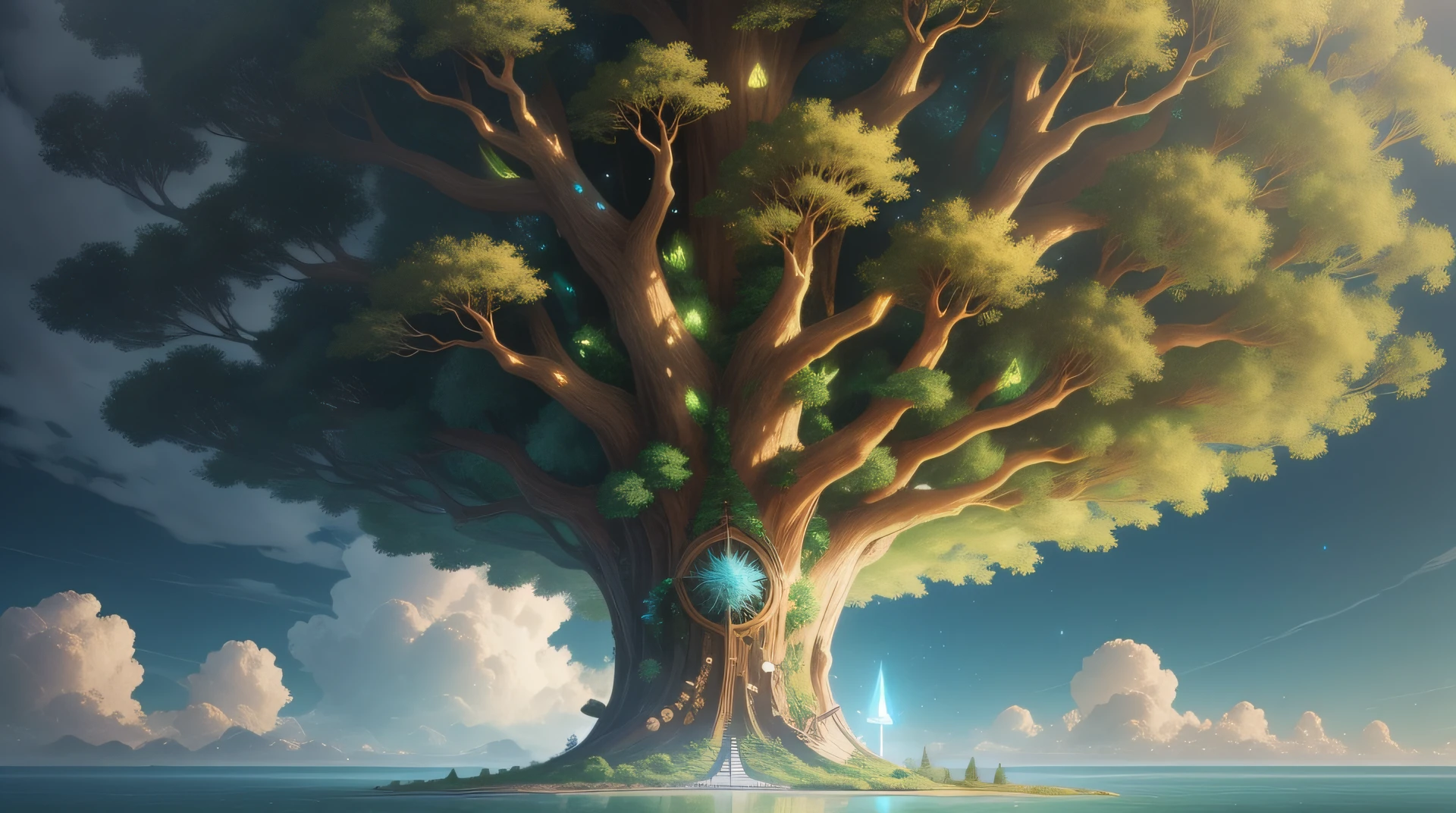 The massive, life-filled world tree grows on an empty island floating in the sky, with elves flying next to it
